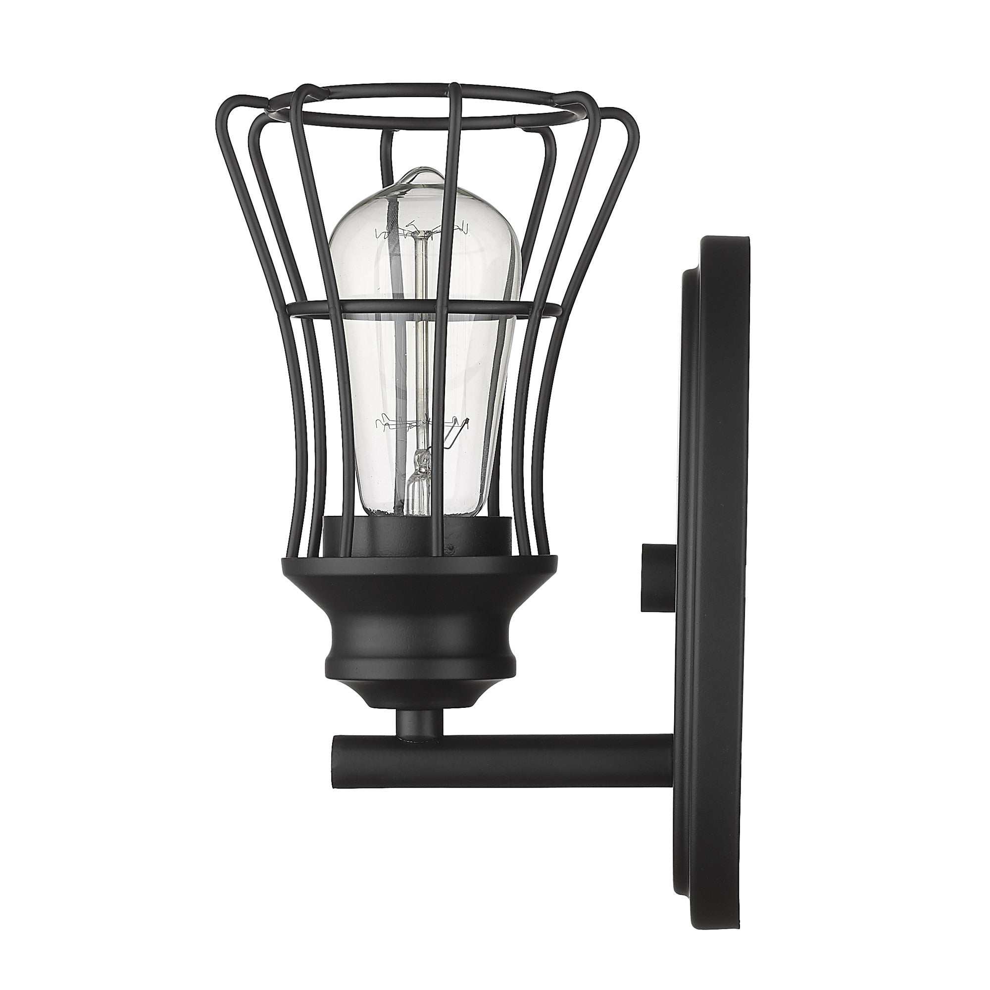 Side view of the One Light Matte Black Industrial Cage Wall Sconce with oval backplate and metal cage shade, 9.75 inches high by 5 inches wide, vintage wall light fixture