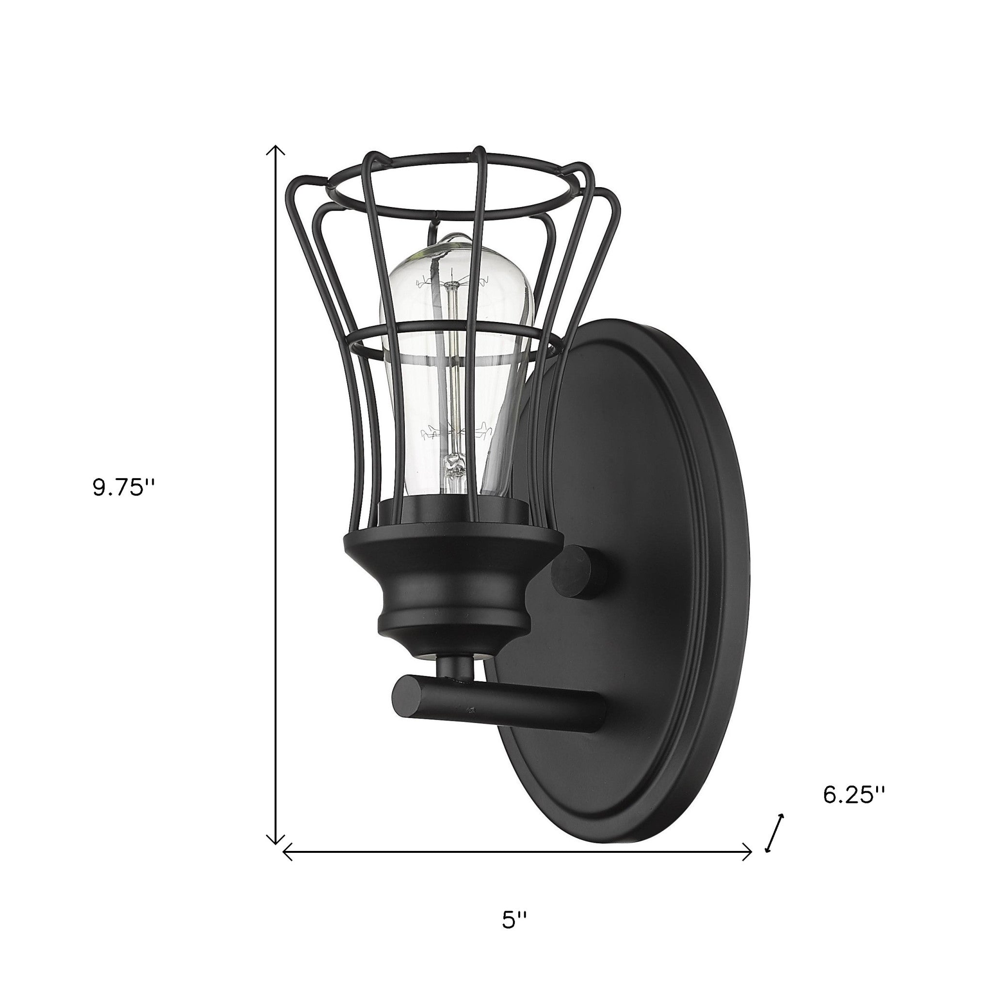 One Light Matte Black Industrial Cage Wall Sconce with oval backplate and metal cage shade shown with dimensions of  9.75 inches high by 5 inches wide by 6.25 inches deep, vintage wall light fixture