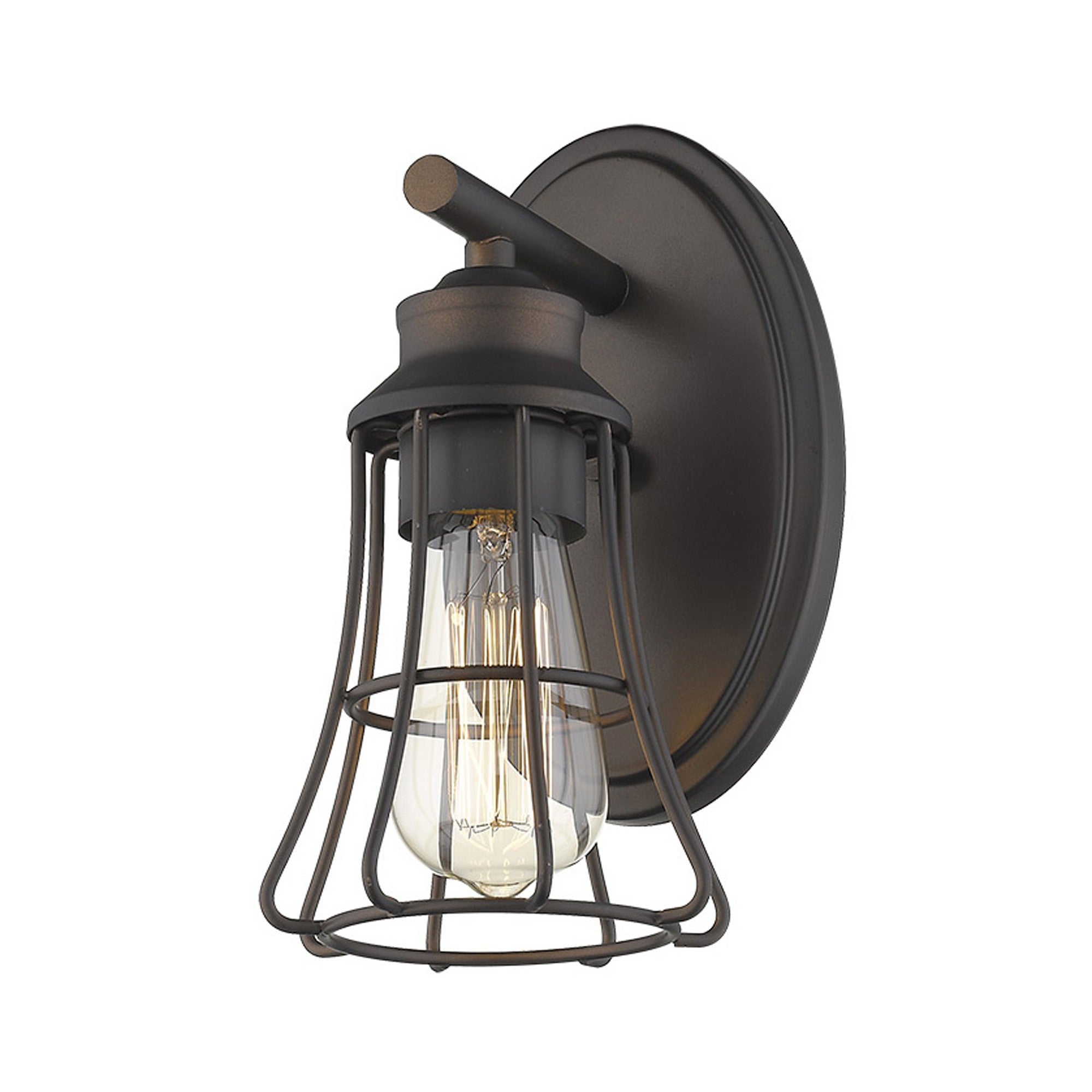 Bottom up angled view of the lighted One Light Bronze Industrial Cage Wall Sconce with oval backplate and bronze metal shade, 9.75 inches high by 5 inches wide, vintage rustic wall light fixture