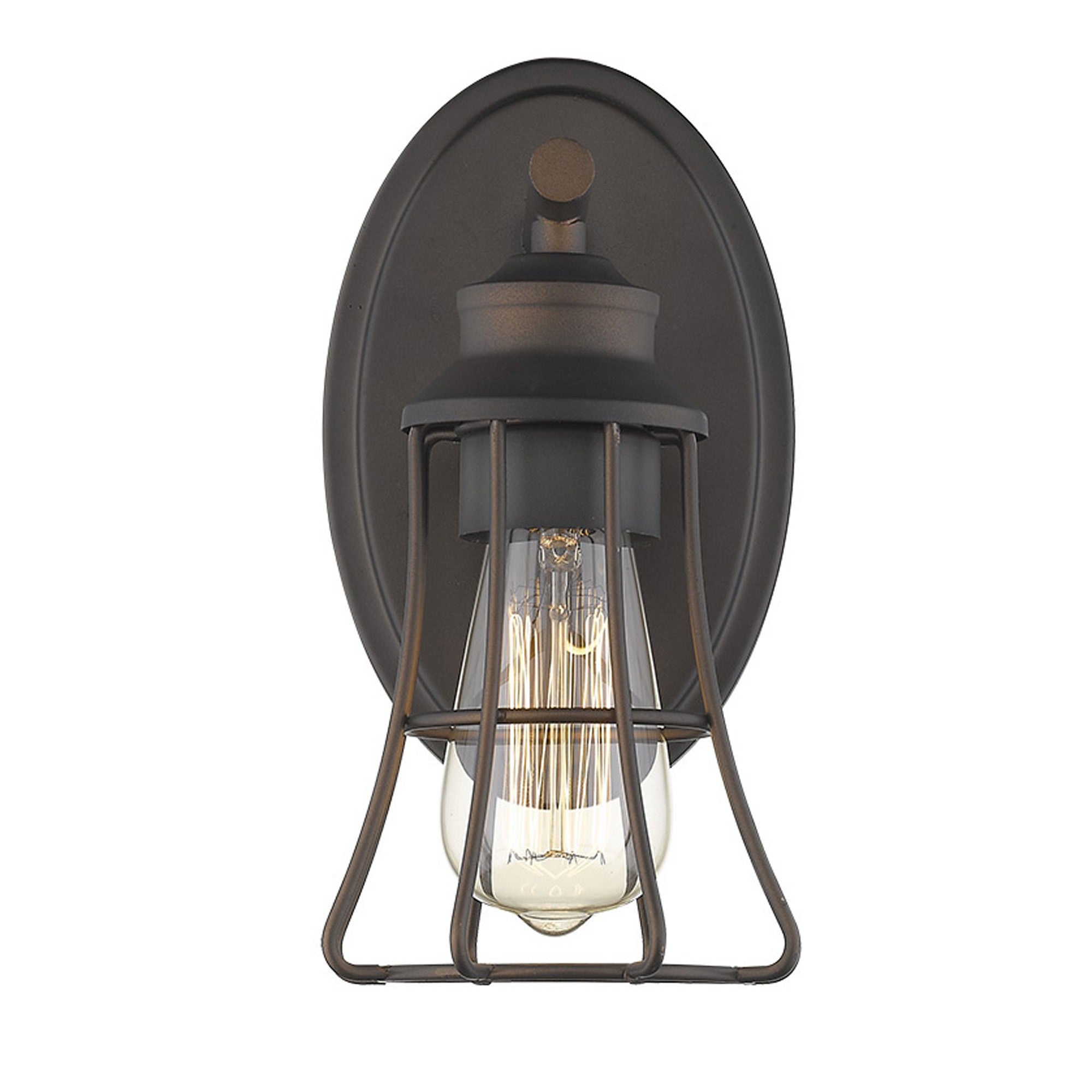Front view of the lighted One Light Bronze Industrial Cage Wall Sconce with oval backplate and bronze metal shade, 9.75 inches high by 5 inches wide, vintage rustic wall light fixture
