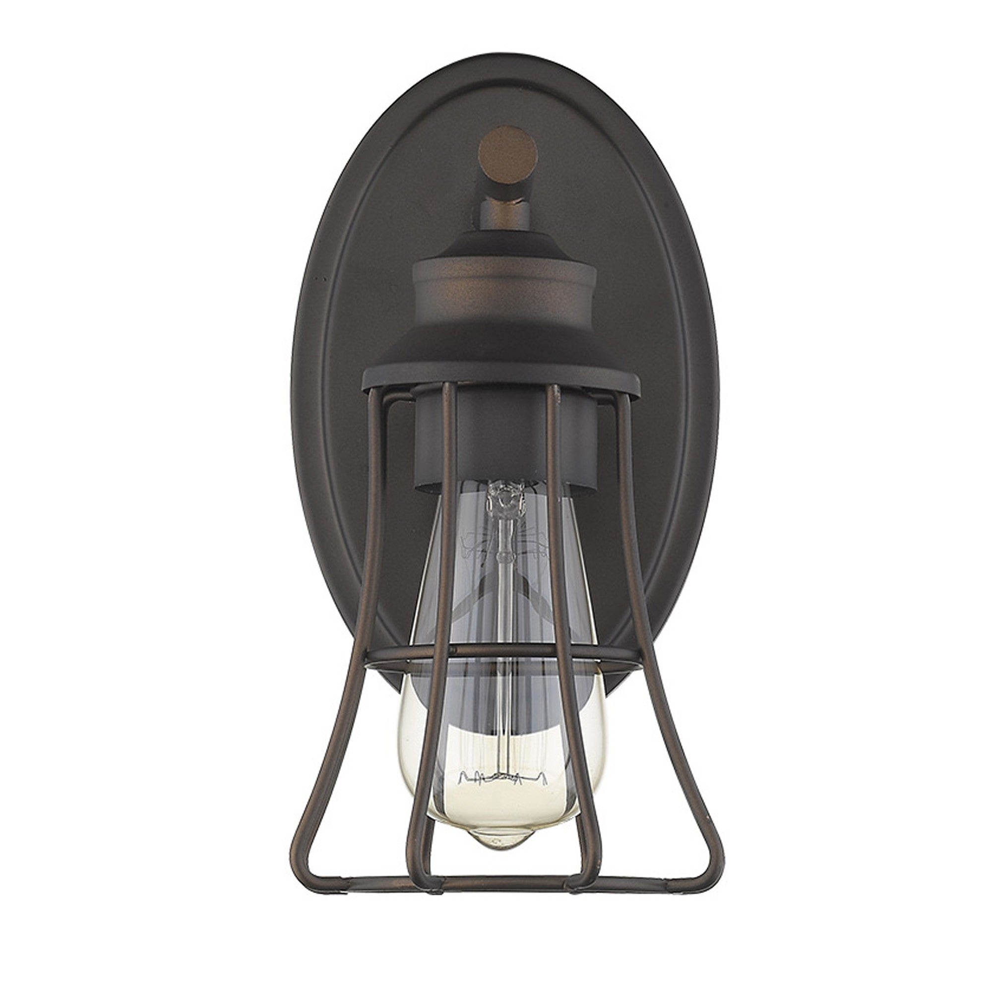 Front view of the One Light Bronze Industrial Cage Wall Sconce with oval backplate and bronze metal shade, 9.75 inches high by 5 inches wide, vintage rustic wall light fixture