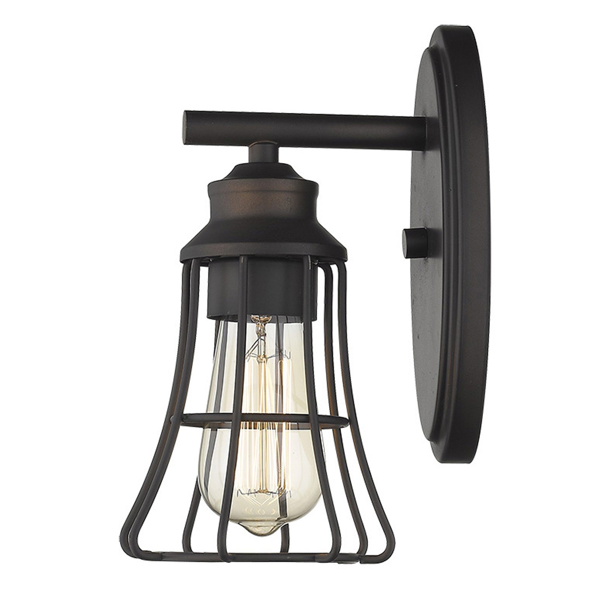 Side view of the lighted One Light Bronze Industrial Cage Wall Sconce with oval backplate and bronze metal shade, 9.75 inches high by 5 inches wide, vintage rustic wall light fixture
