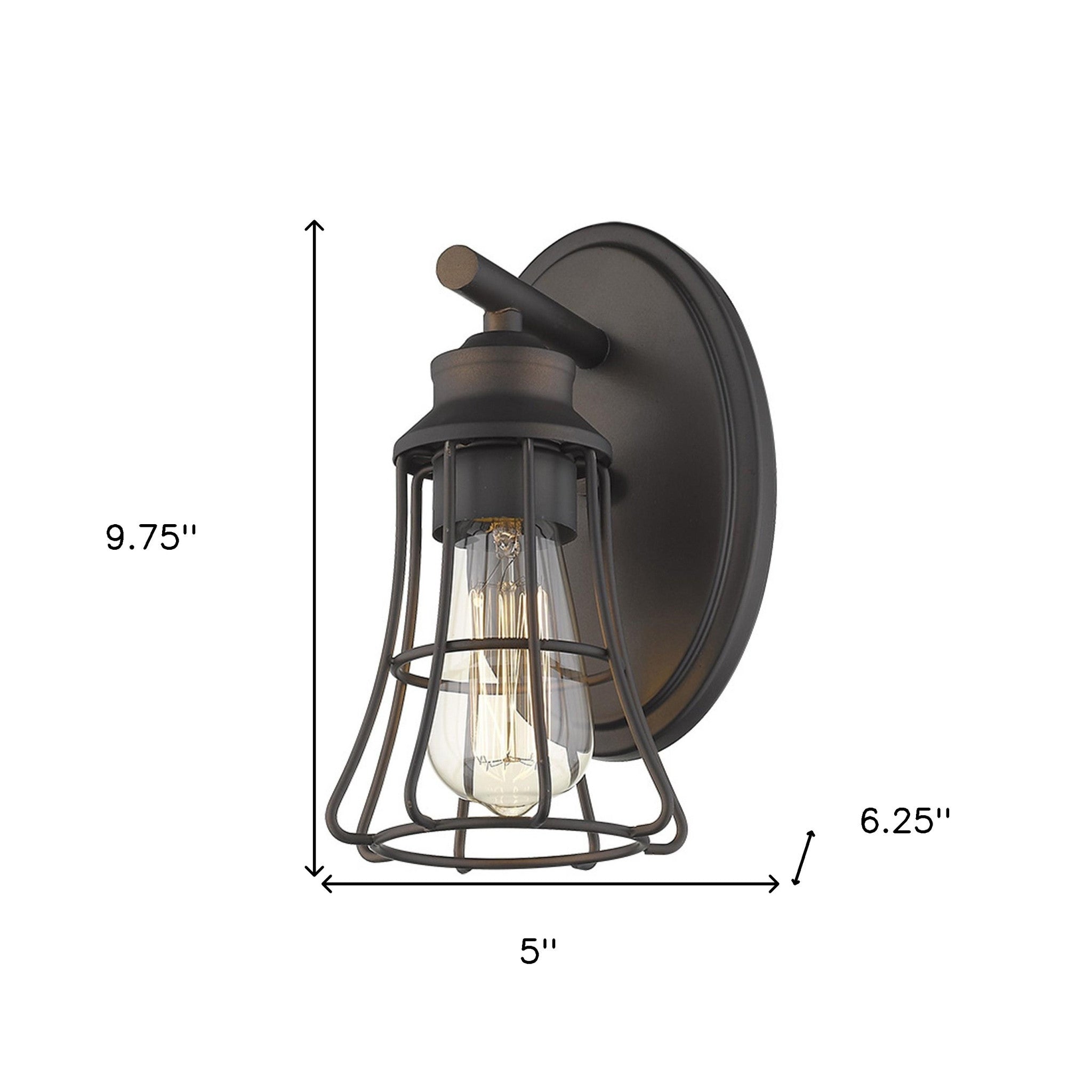 One Light Bronze Industrial Cage Wall Sconce with oval backplate and bronze metal shade shown with dimensions of 9.75 inches high by 5 inches wide by 6.25 inches deep, vintage rustic wall light fixture