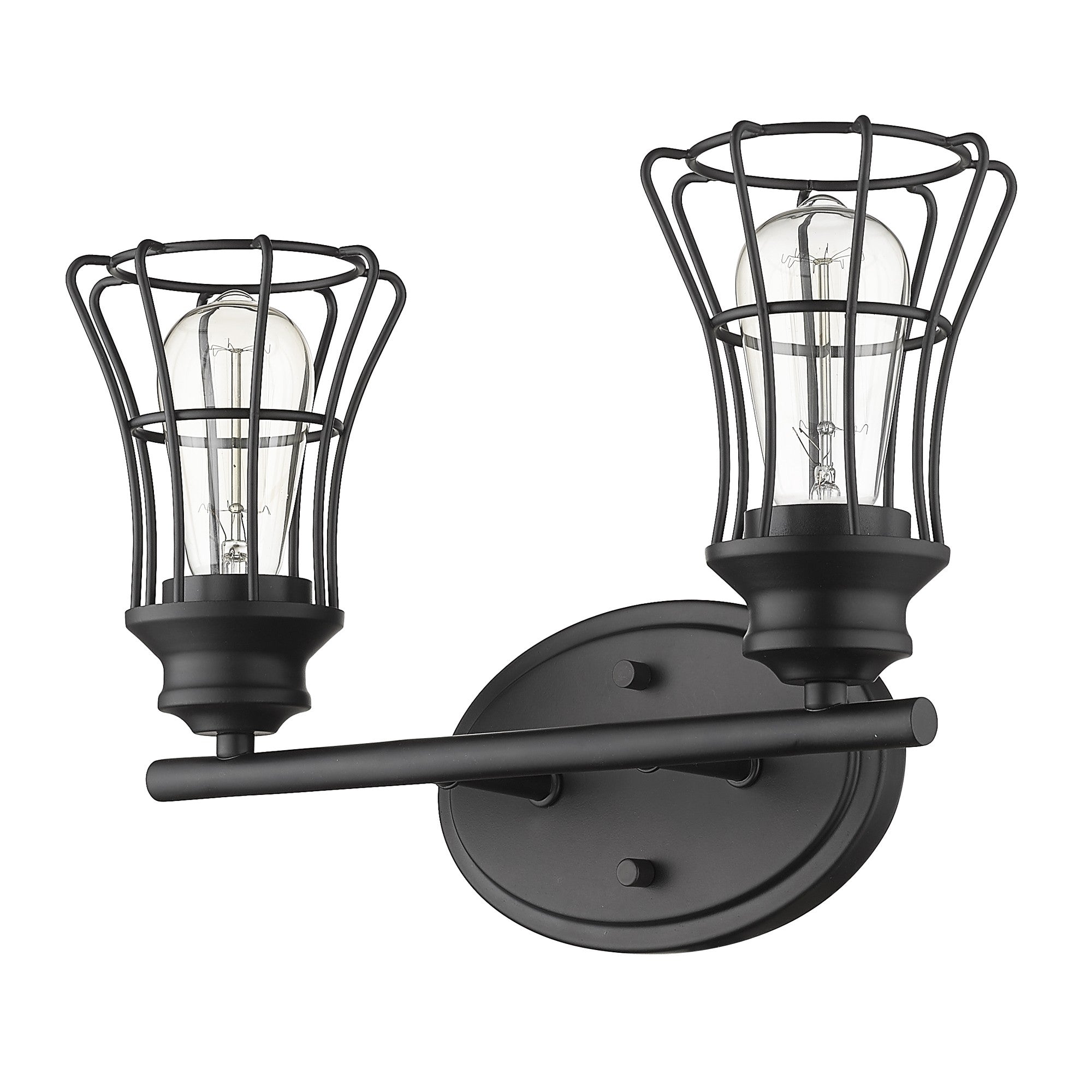 Bottom up angled view of the Two-Light Matte Black Industrial Cage Wall Sconce with wide-weave metal shades, 15.25 inches wide by 9.25 inches high, vintage industrial bathroom and hallway lighting