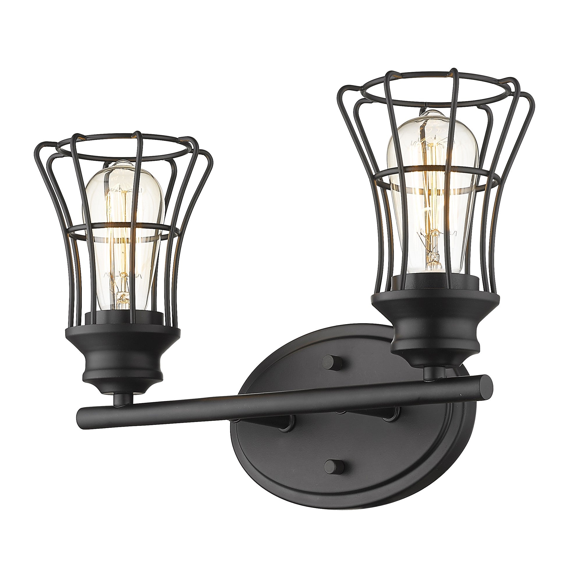 Bottom up angled view of the lighted Two-Light Matte Black Industrial Cage Wall Sconce with wide-weave metal shades, 15.25 inches wide by 9.25 inches high, vintage industrial bathroom and hallway lighting