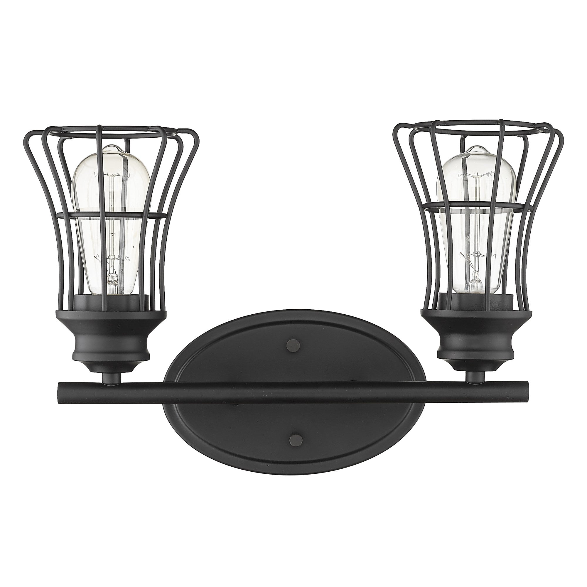 Front view of the Two-Light Matte Black Industrial Cage Wall Sconce with wide-weave metal shades, 15.25 inches wide by 9.25 inches high, vintage industrial bathroom and hallway lighting