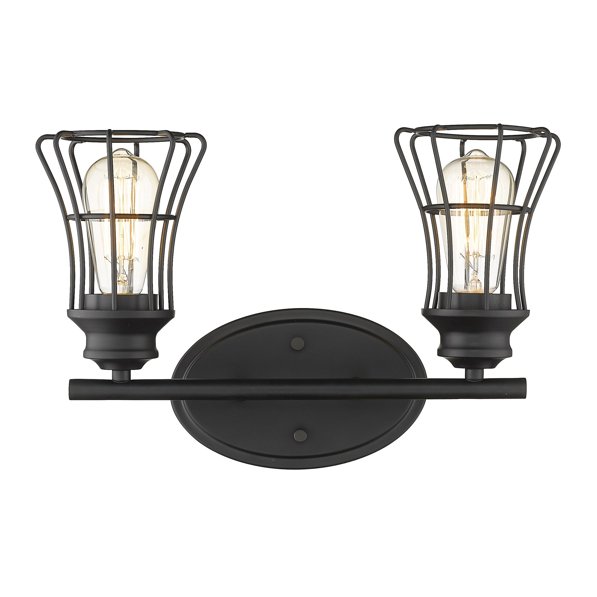 Front view of the lighted Two-Light Matte Black Industrial Cage Wall Sconce with wide-weave metal shades, 15.25 inches wide by 9.25 inches high, vintage industrial bathroom and hallway lighting