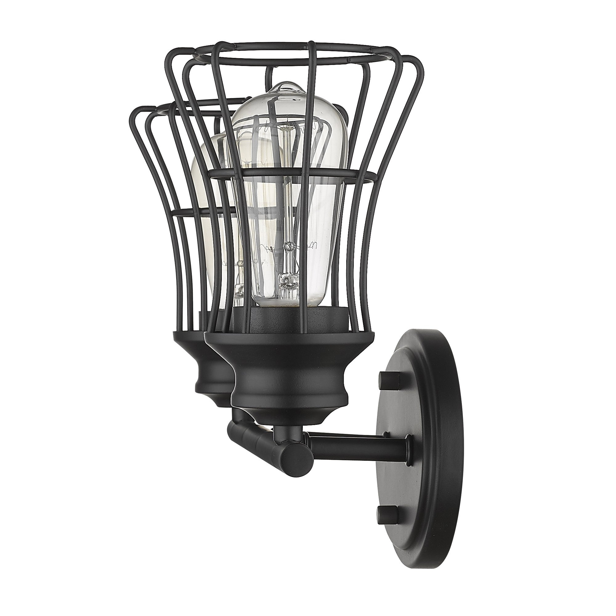 Side view of the Two-Light Matte Black Industrial Cage Wall Sconce with wide-weave metal shades, 15.25 inches wide by 9.25 inches high, vintage industrial bathroom and hallway lighting