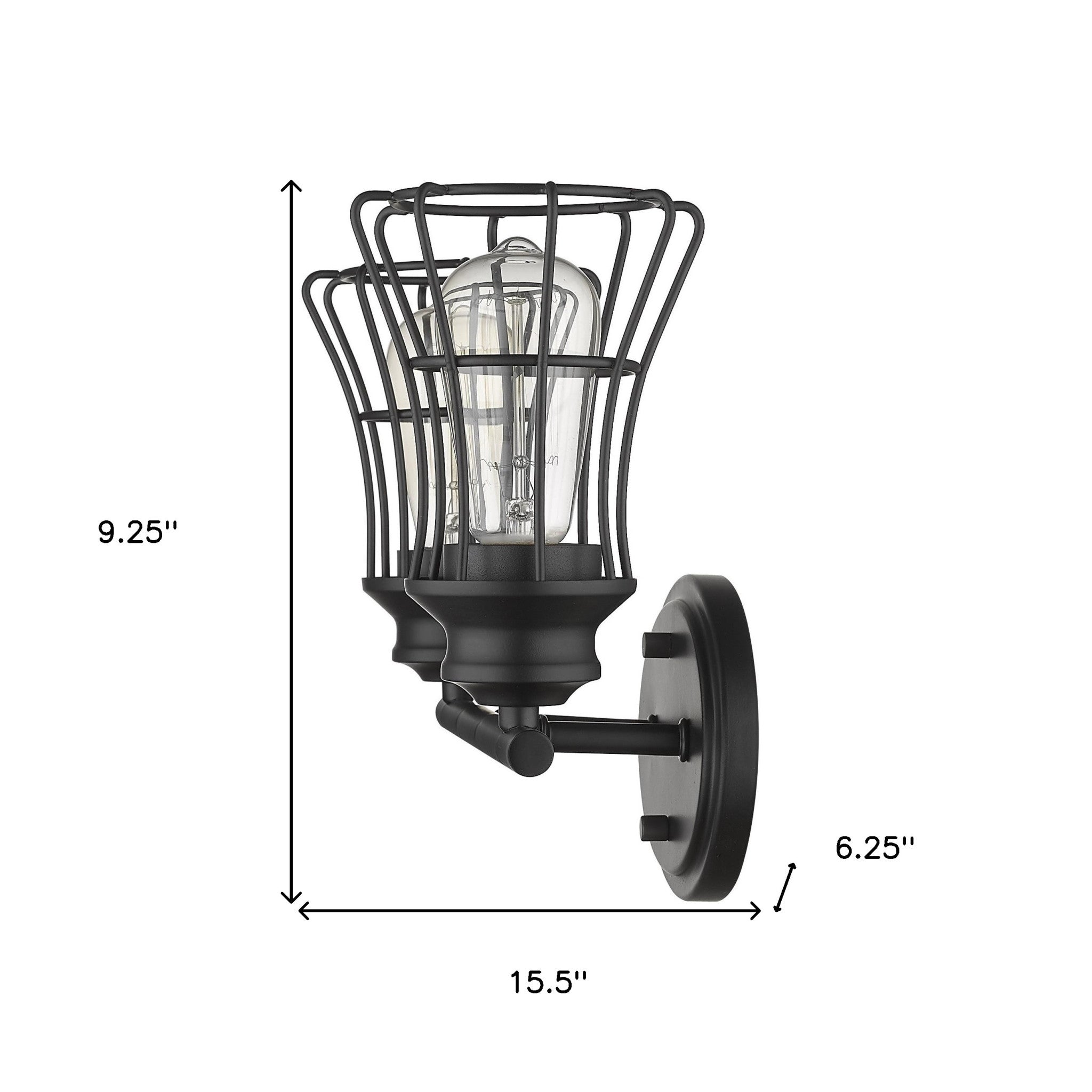 Two-Light Matte Black Industrial Cage Wall Sconce with wide-weave metal shades, 15.25 inches wide by 9.25 inches high by 6.25 inches deep, vintage industrial bathroom and hallway lighting