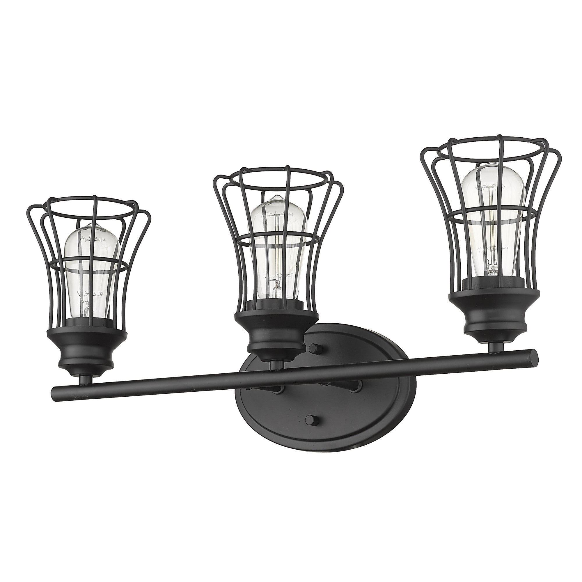 Bottom up angled view of the Three-light matte black wall sconce with industrial cage shades