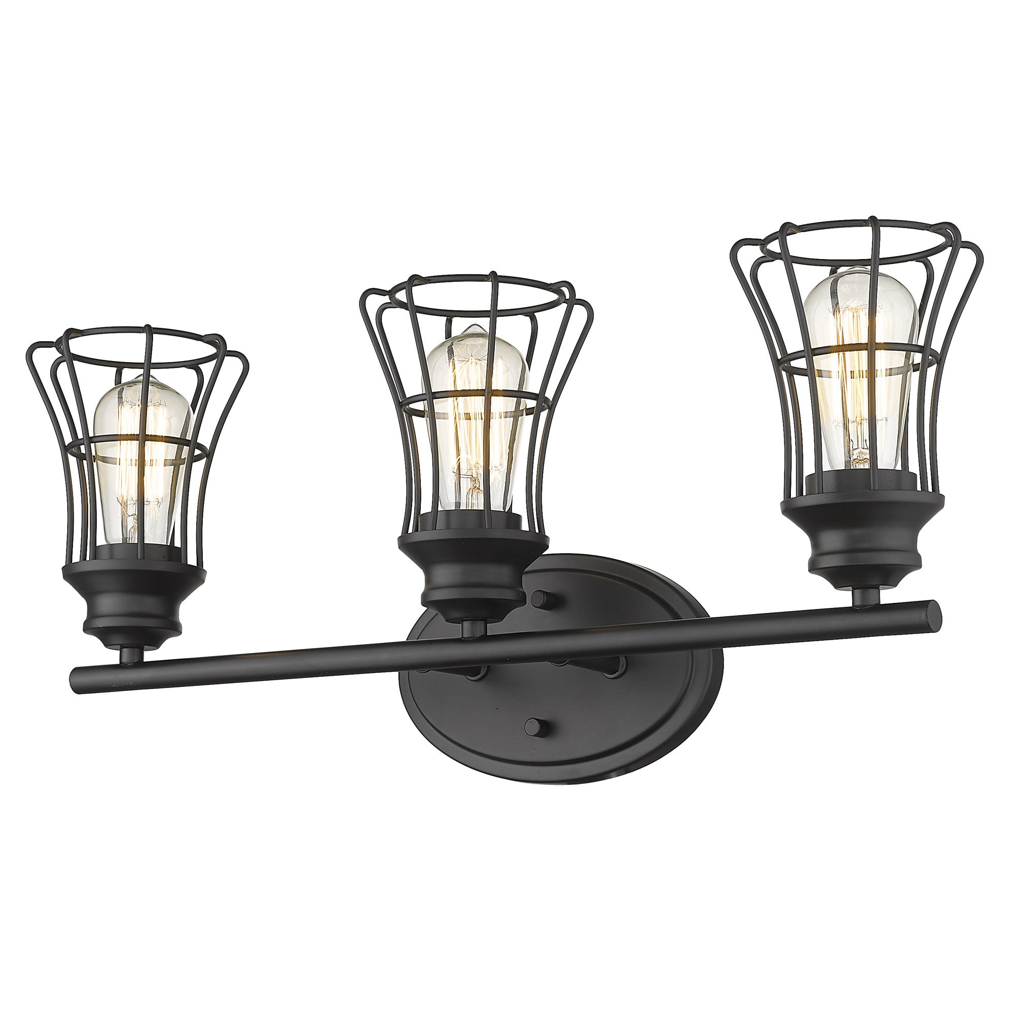 Bottom up angled view of the lighted Three-light matte black wall sconce with industrial cage shades