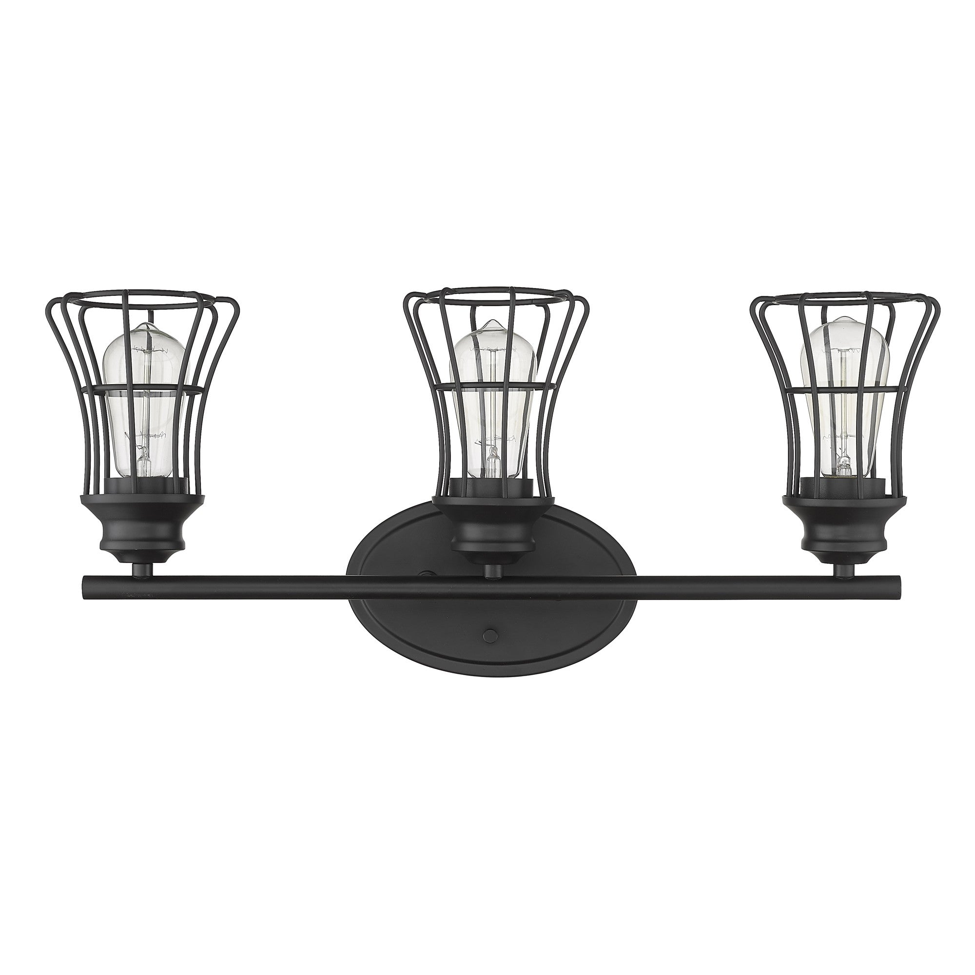 Front View of the Three-light matte black wall sconce with industrial cage shades