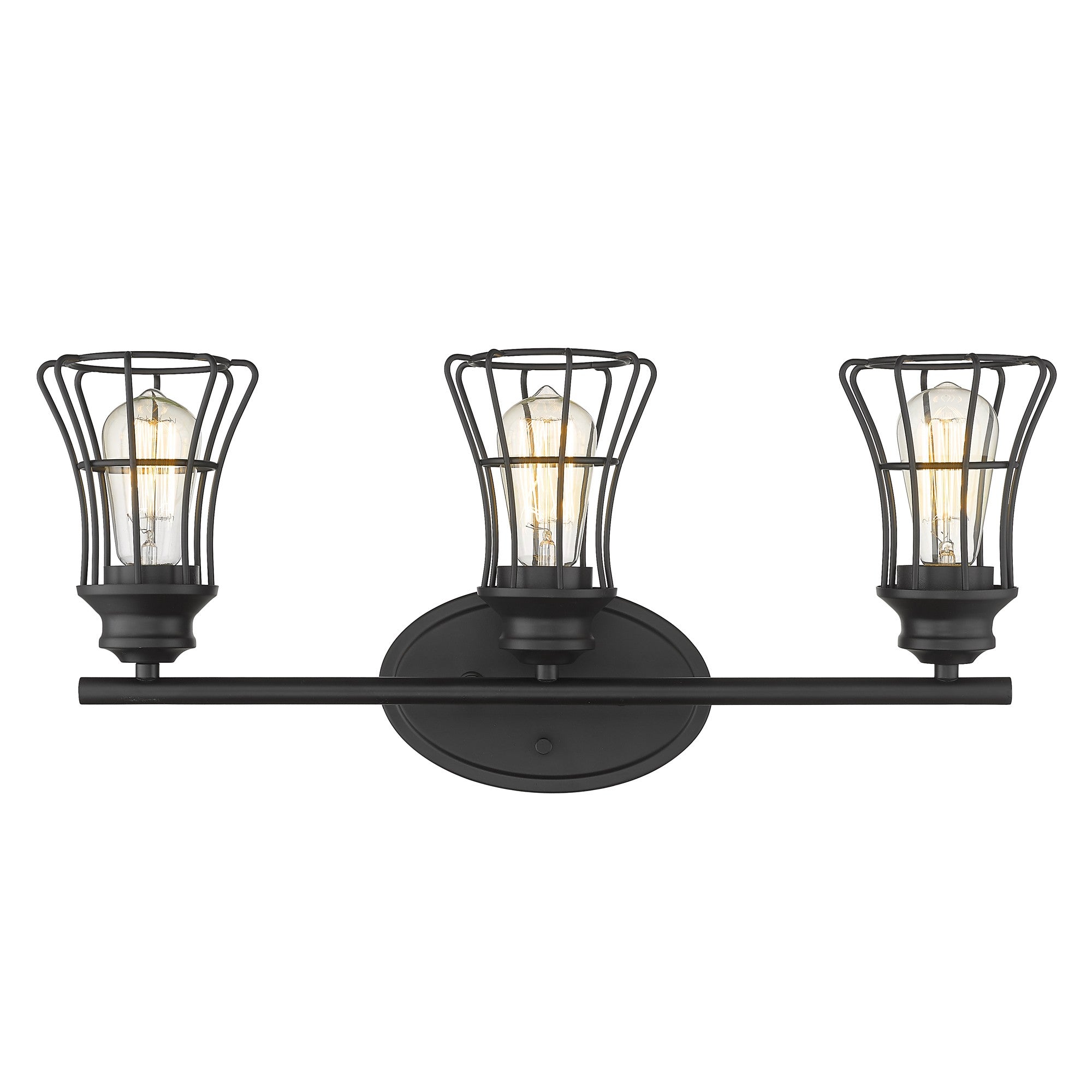 Front View of the lighted Three-light matte black wall sconce with industrial cage shades
