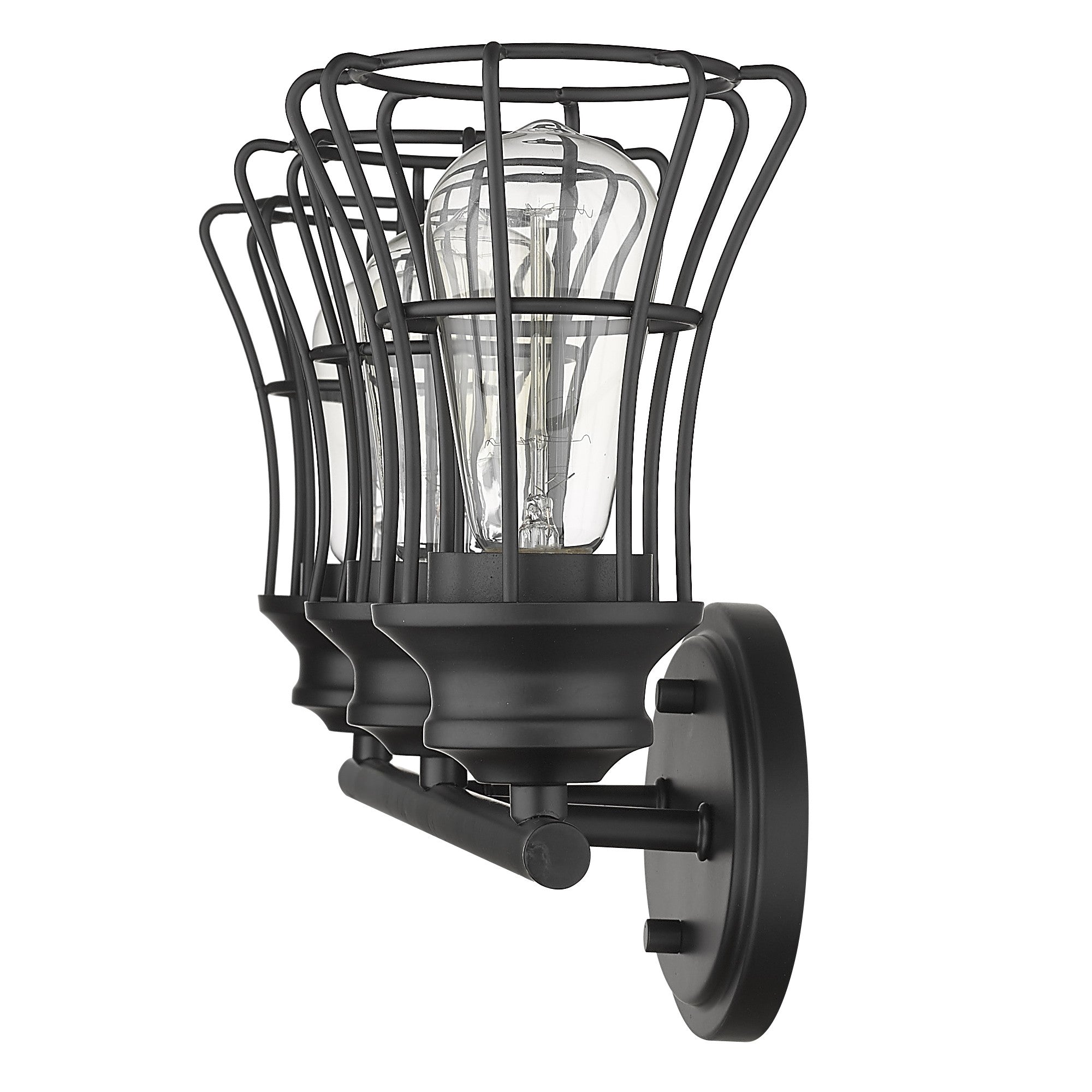 Side View of the Three-light matte black wall sconce with industrial cage shades