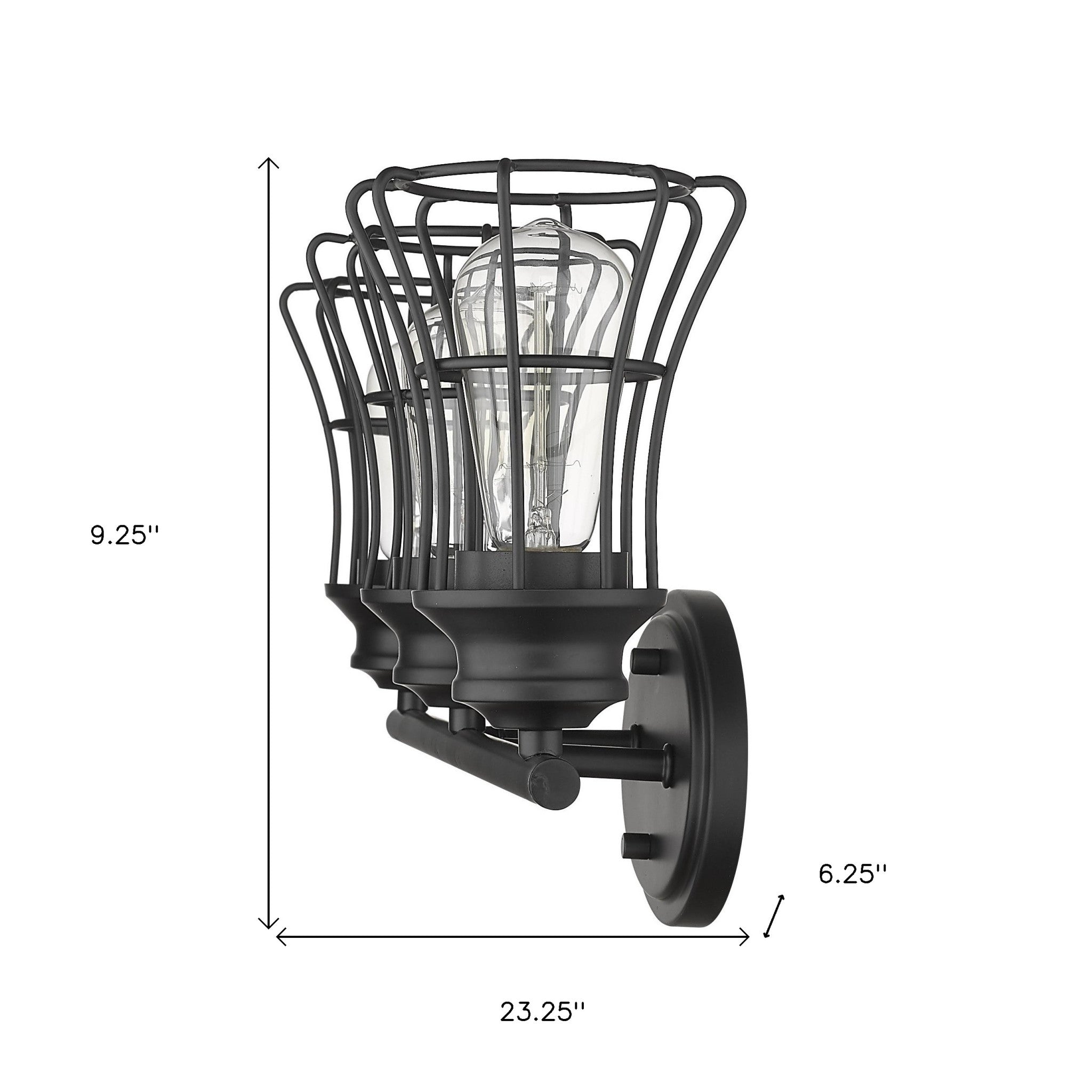 Three-light matte black wall sconce with industrial cage shades shown with dimensions of nine point two five inches high by twenty three point two five inches wide by six point two five inches deep