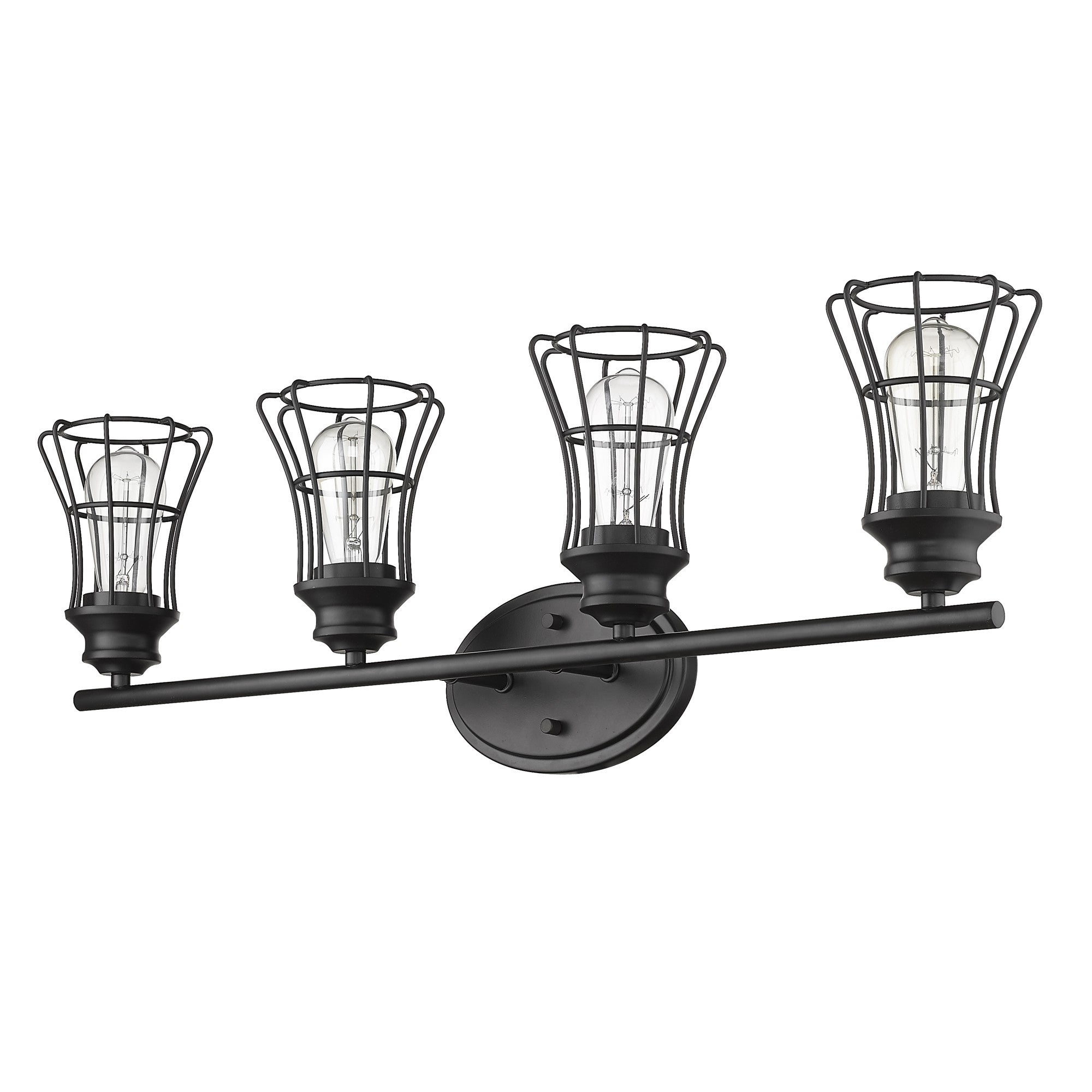 Bottom up angled view of the 4-light matte black industrial vanity fixture with metal cage shades