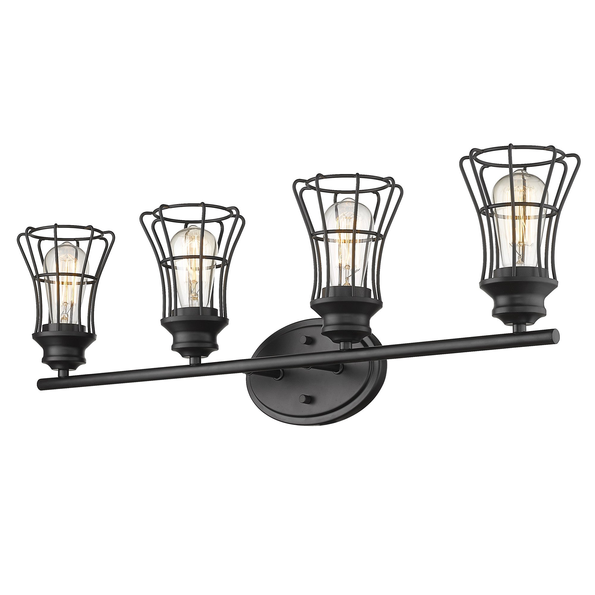 Bottom up angled view of the lighted 4-light matte black industrial vanity fixture with metal cage shades