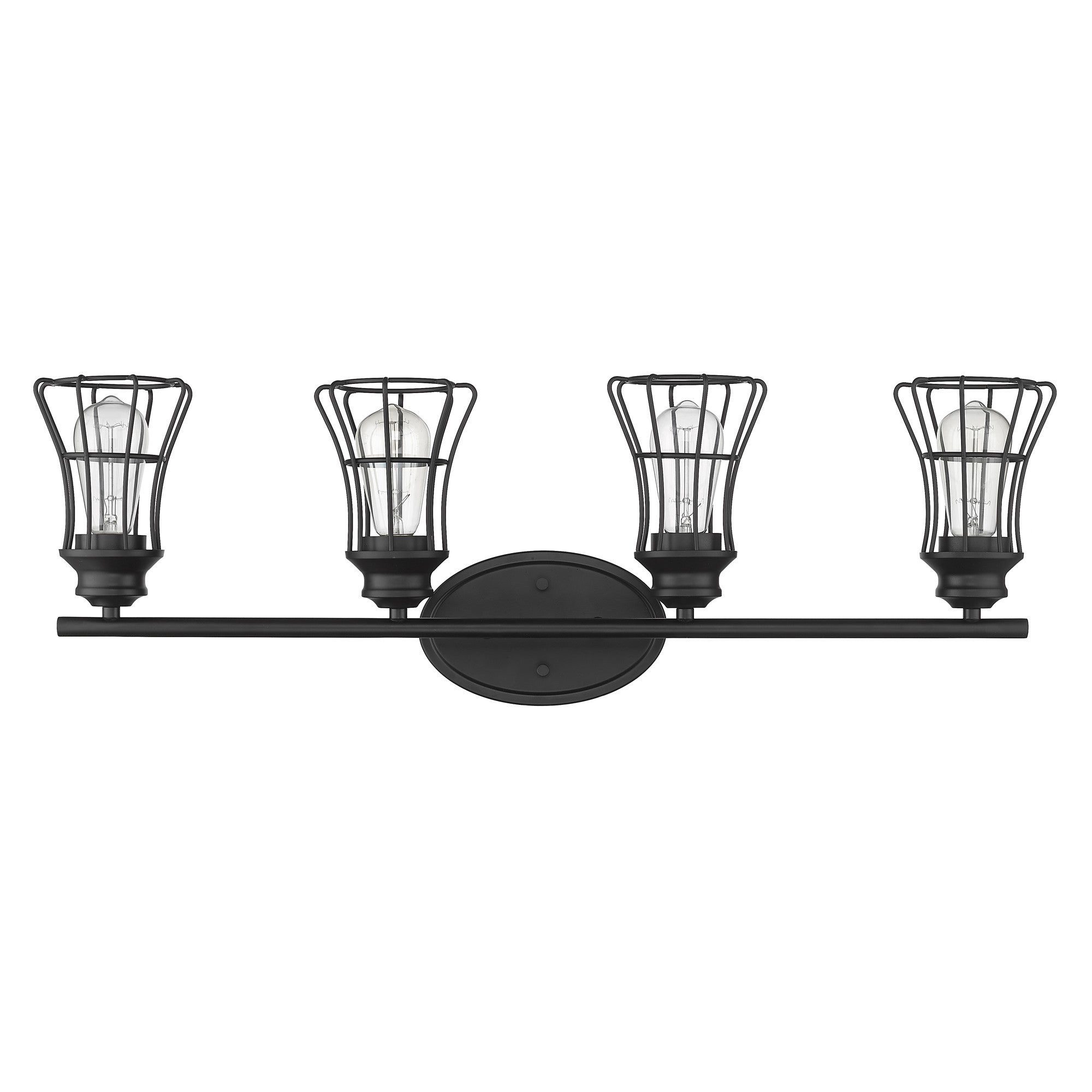 Front view of the 4-light matte black industrial vanity fixture with metal cage shades