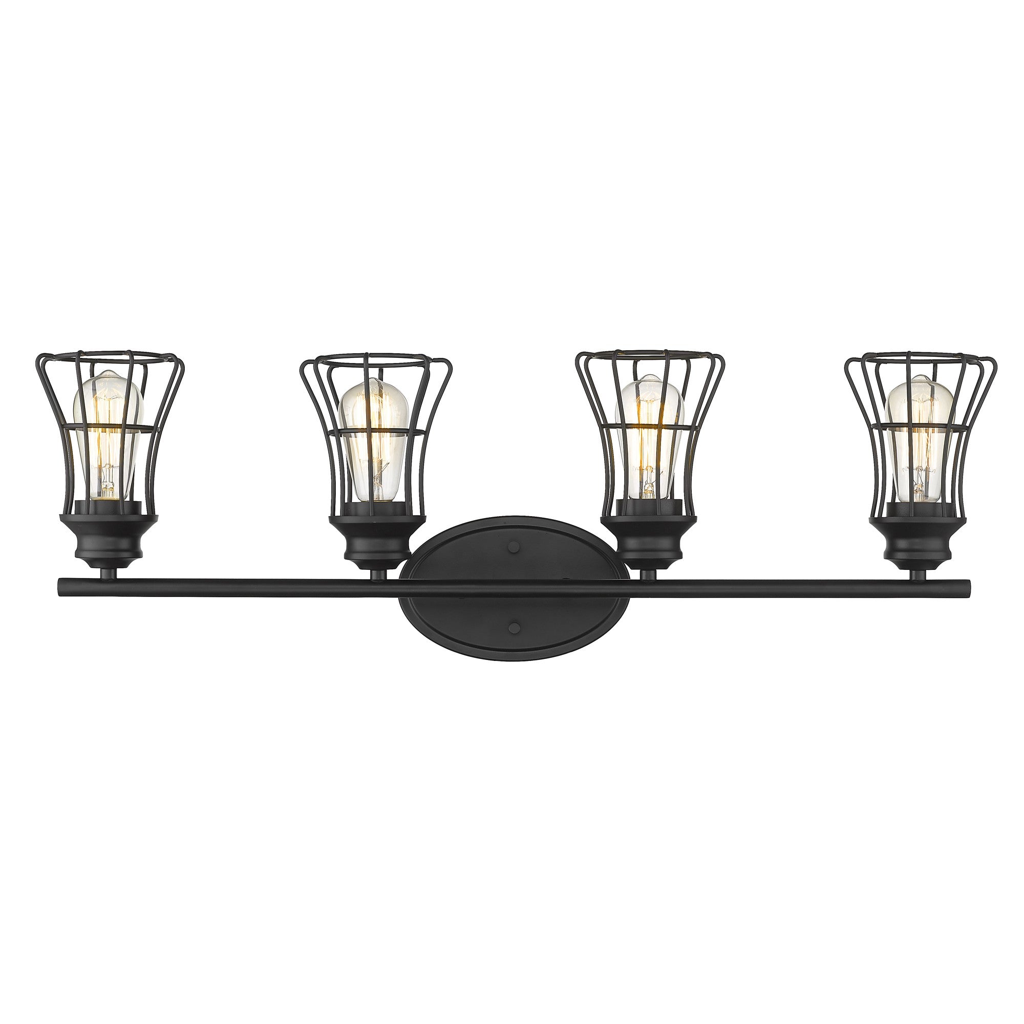 Front view of the lighted 4-light matte black industrial vanity fixture with metal cage shades