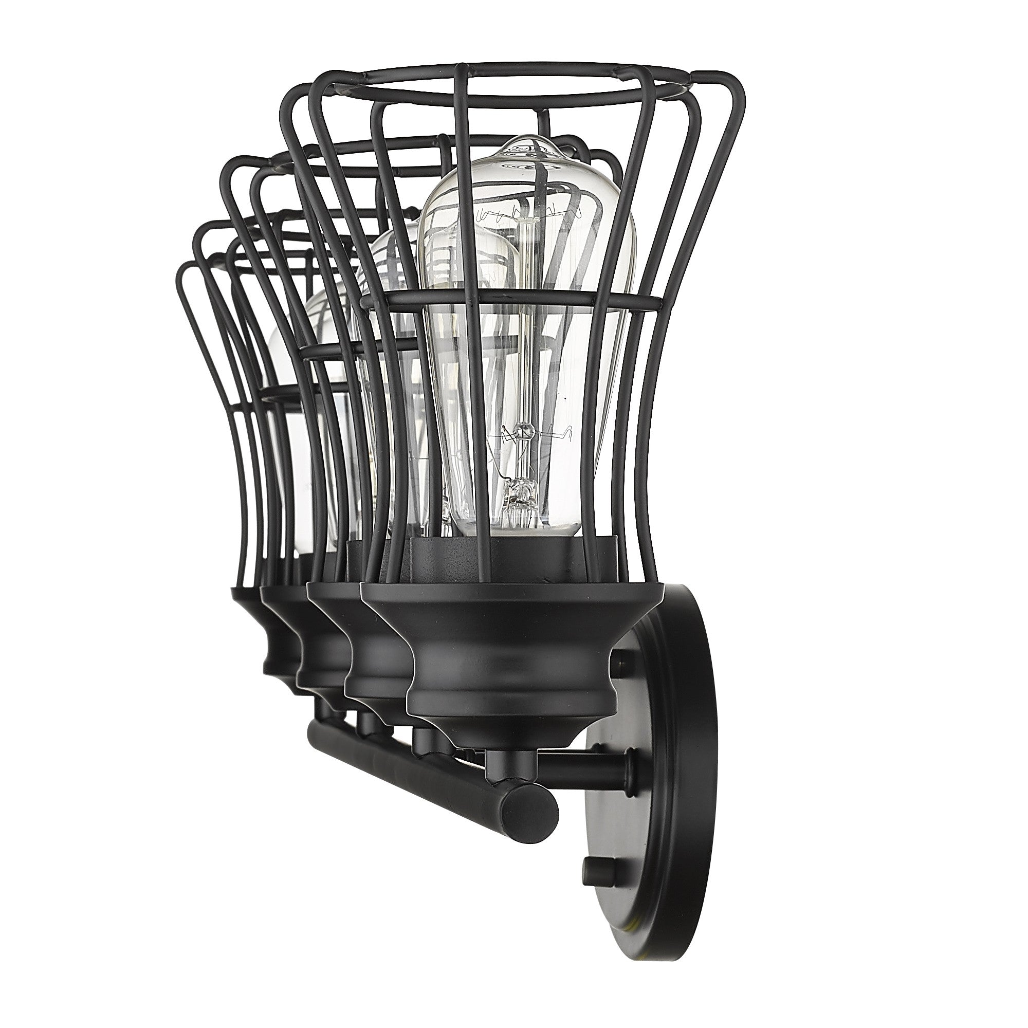 Side view of the 4-light matte black industrial vanity fixture with metal cage shades