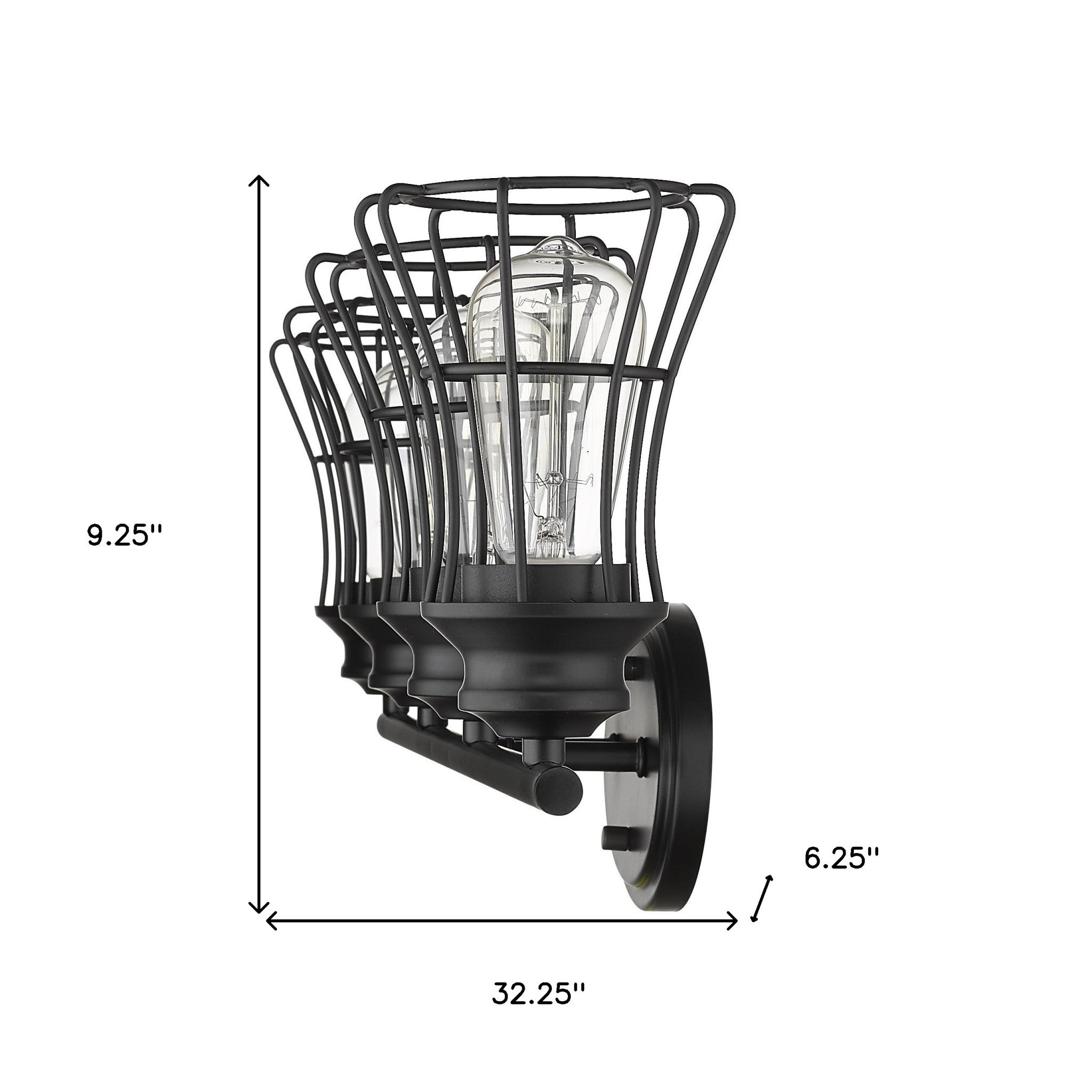 4-light matte black industrial vanity fixture with metal cage shades shown with dimensions of nine point two five inches high by thirty two point two five inches wide by six point two five inches deep