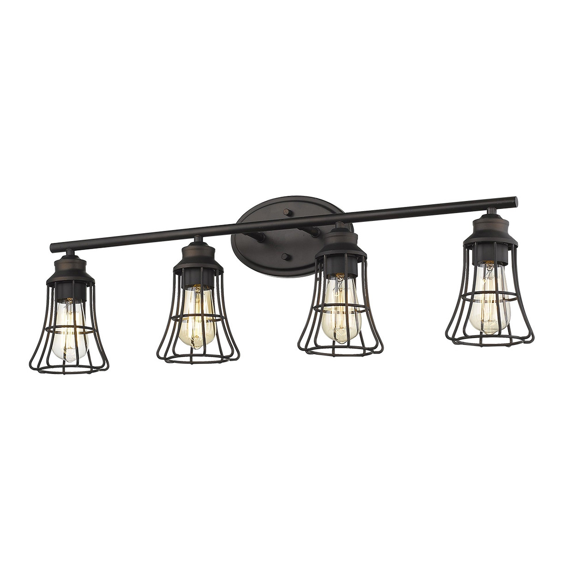 Front view of the lighted 4-light oil-rubbed bronze vanity light with industrial cage shades