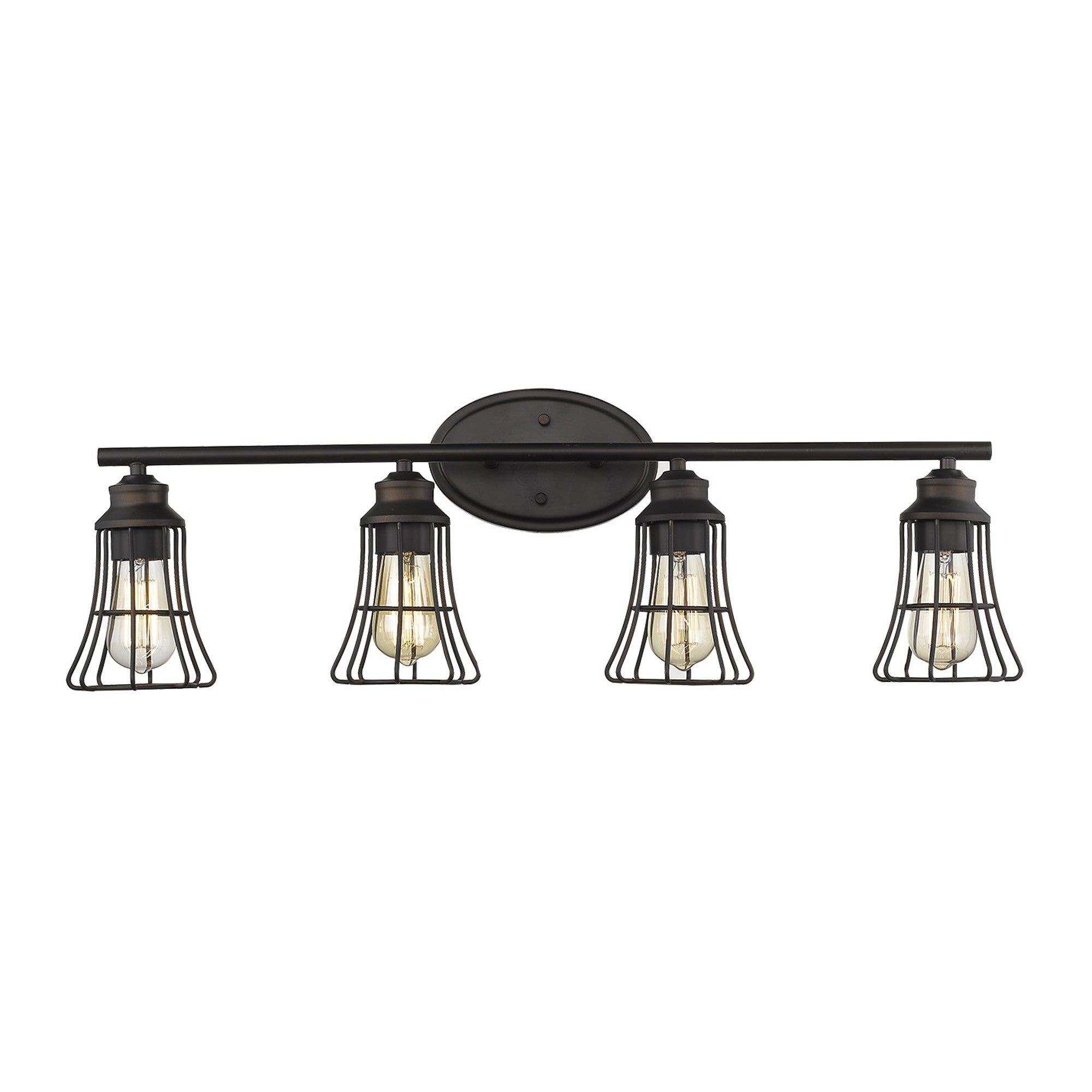 Front view of the lighted 4-light oil-rubbed bronze vanity light with industrial cage shades