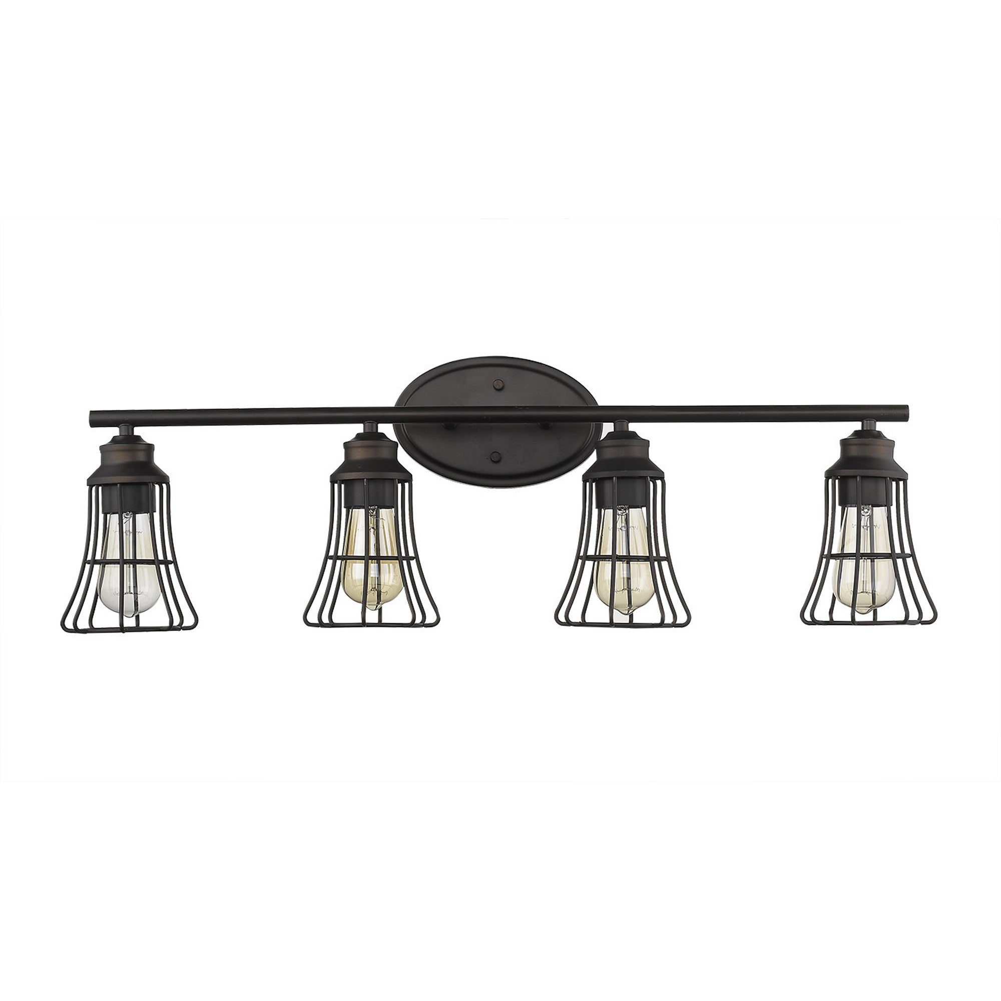 Front view of the 4-light oil-rubbed bronze vanity light with industrial cage shades