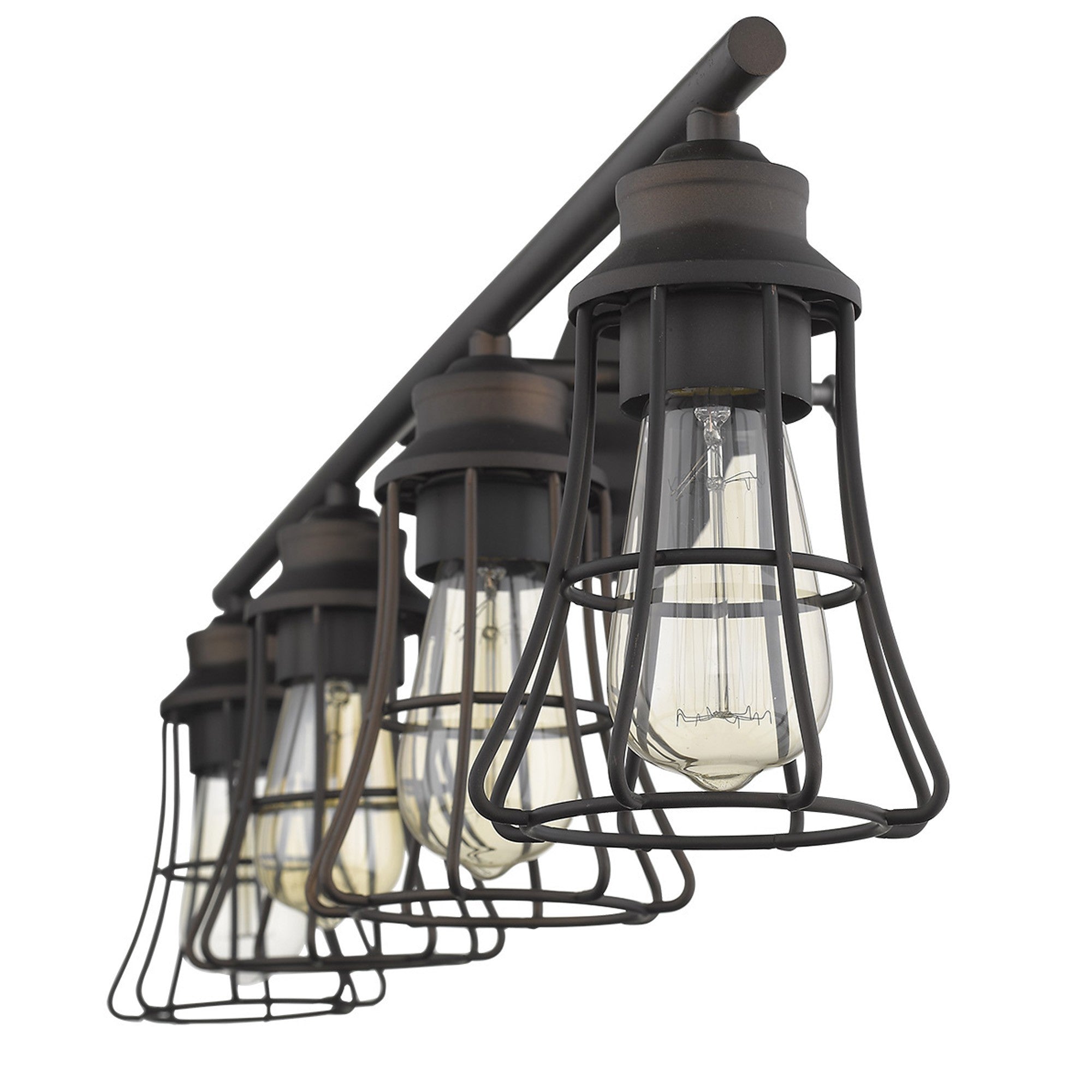 Right side bottom up angled view of the 4-light oil-rubbed bronze vanity light with industrial cage shades