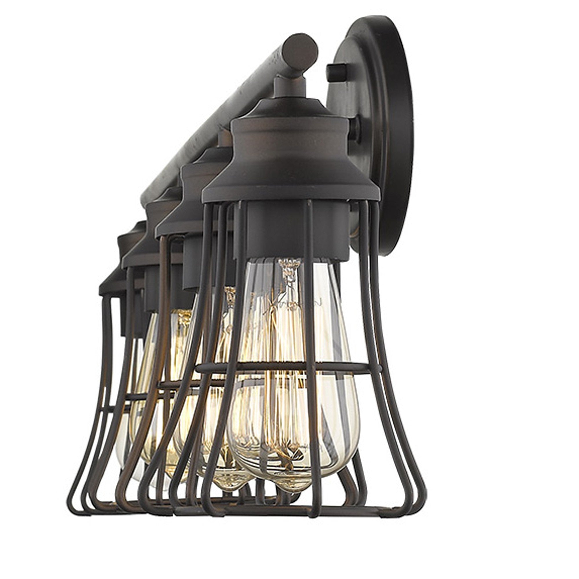 Side angled view of the 4-light oil-rubbed bronze vanity light with industrial cage shades