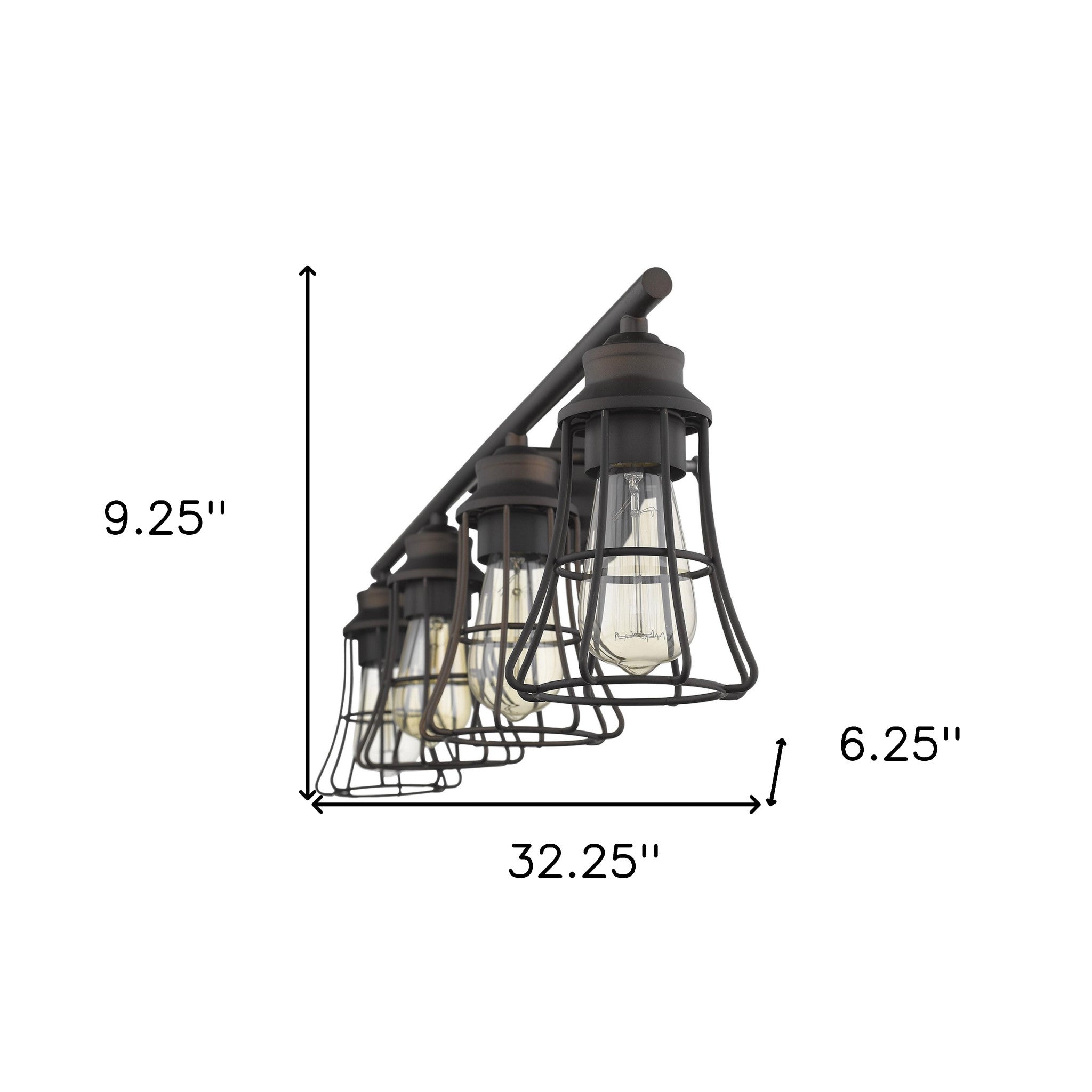 4-light oil-rubbed bronze vanity light with industrial cage shades shown with dimensions of nine point two five inches high by thirty two point two five inches wide by six point two five inches deep