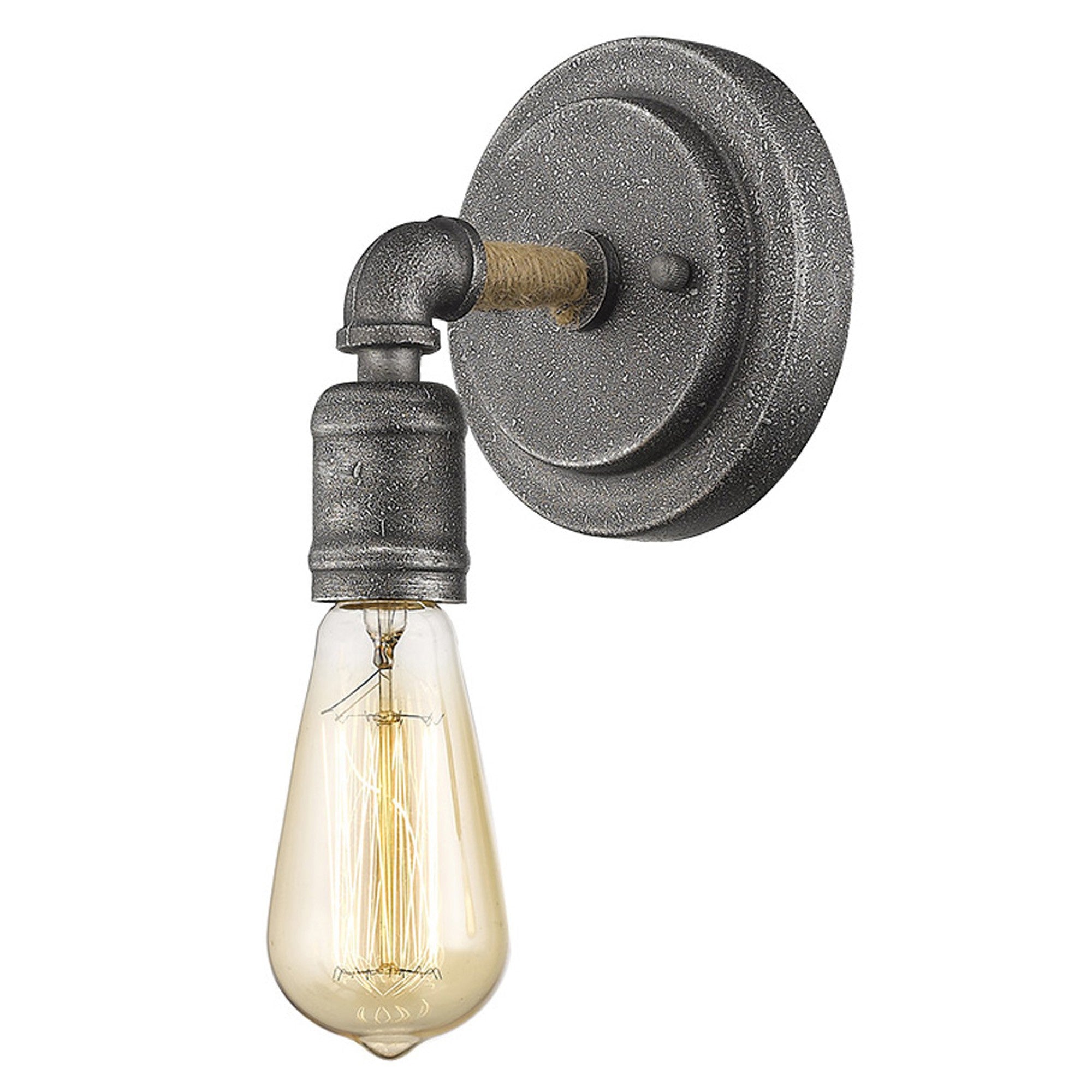 Right side angled  view of the lighted Textured gray industrial wall sconce with exposed Edison-style bulb
