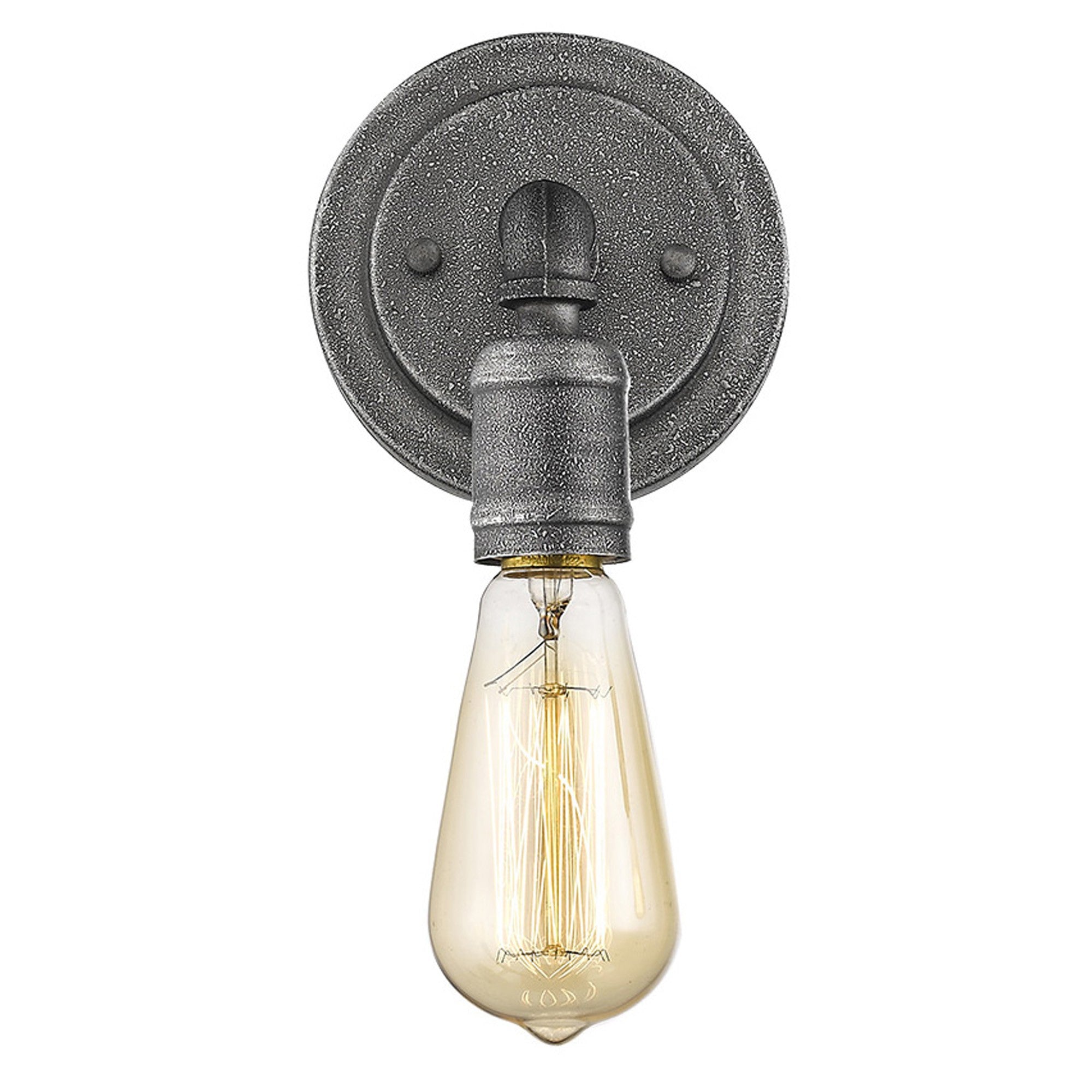 Front view of the lighted Textured gray industrial wall sconce with exposed Edison-style bulb
