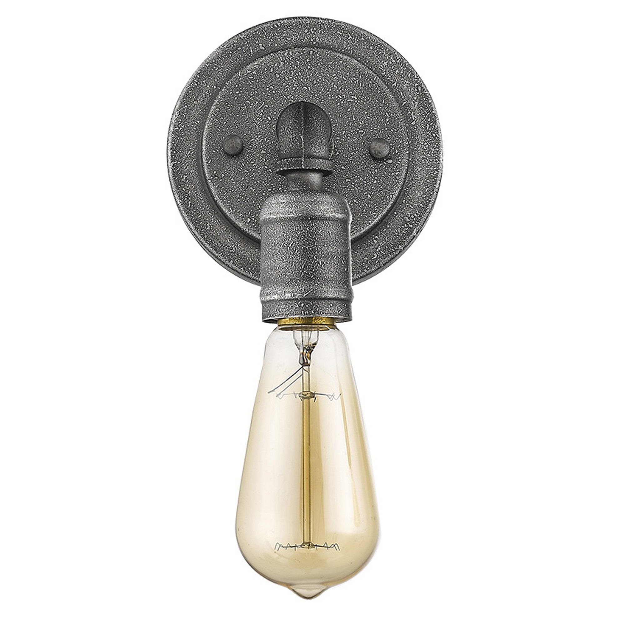 Front view of the Textured gray industrial wall sconce with exposed Edison-style bulb