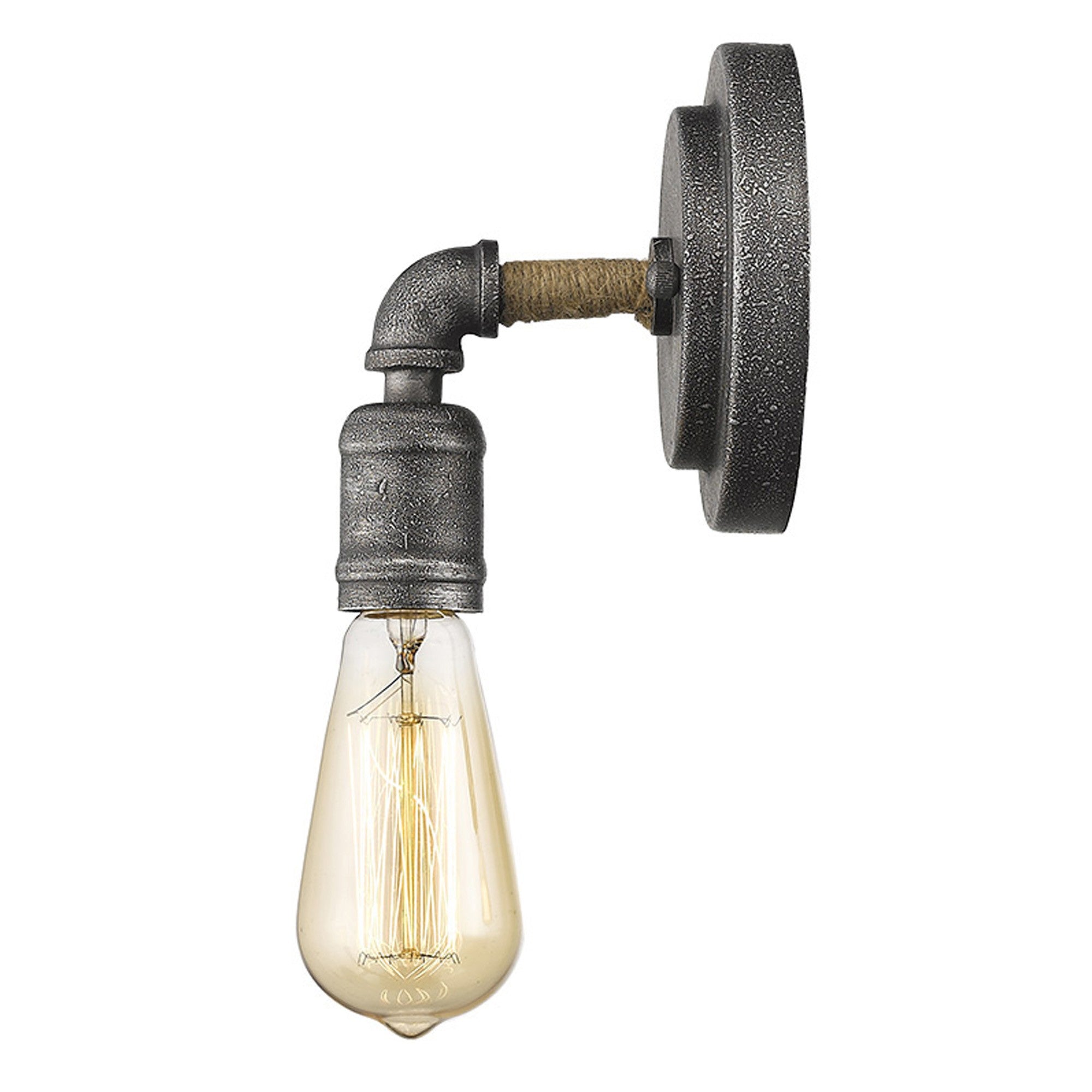 Side view of the lighted Textured gray industrial wall sconce with exposed Edison-style bulb