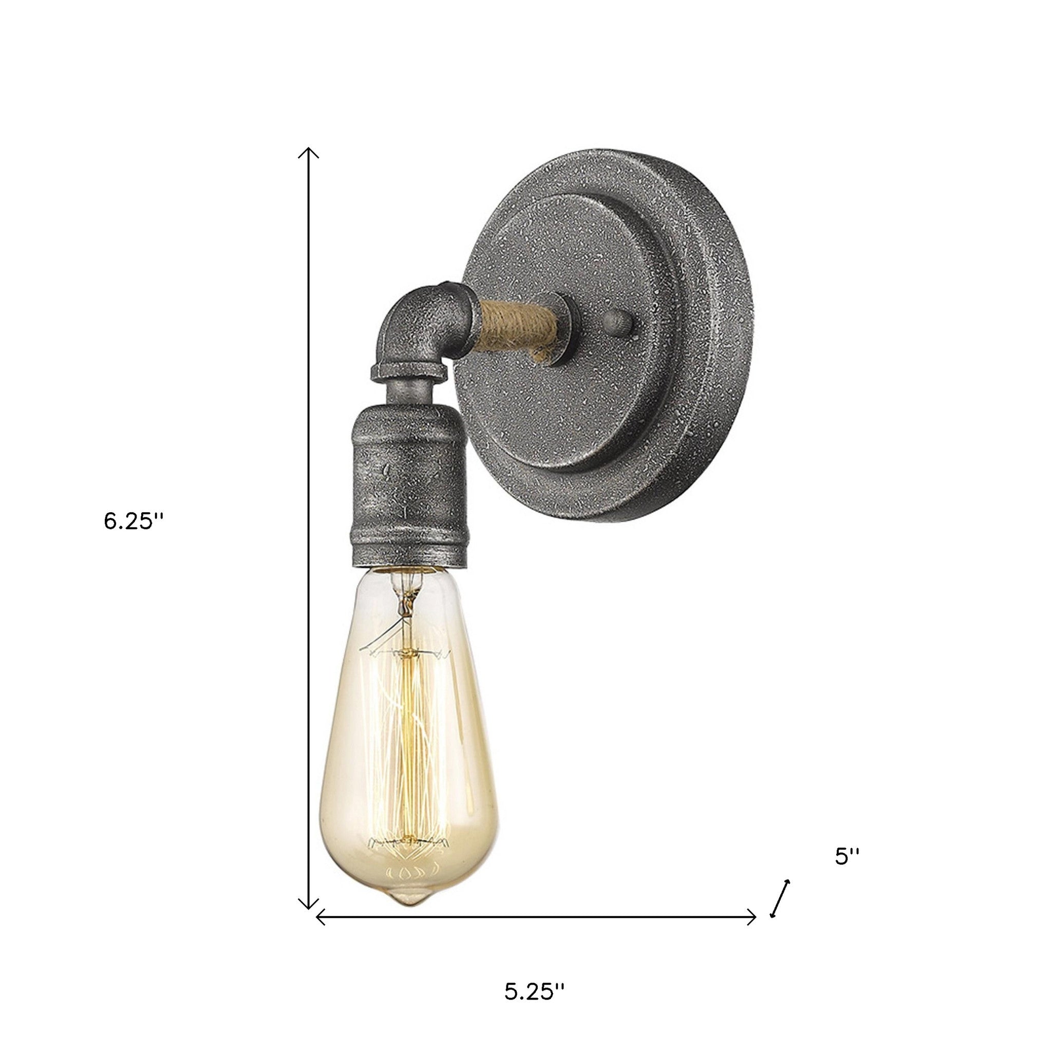 Textured gray industrial wall sconce with exposed Edison-style bulb shown with dimensions of six point two five inches high by five point two five inches wide by five inches deep