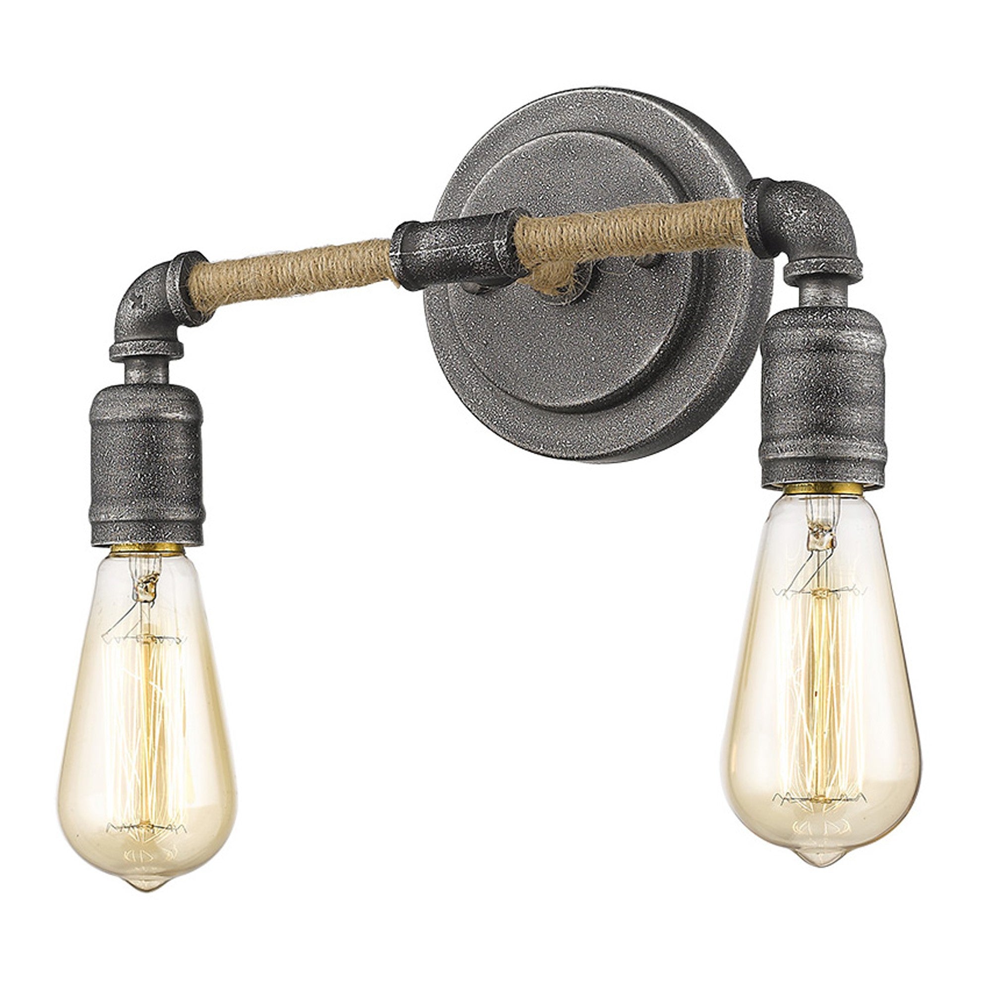 Right side angled view of the lighted Industrial two-light gray wall sconce with rope-wrapped arms and exposed bulbs