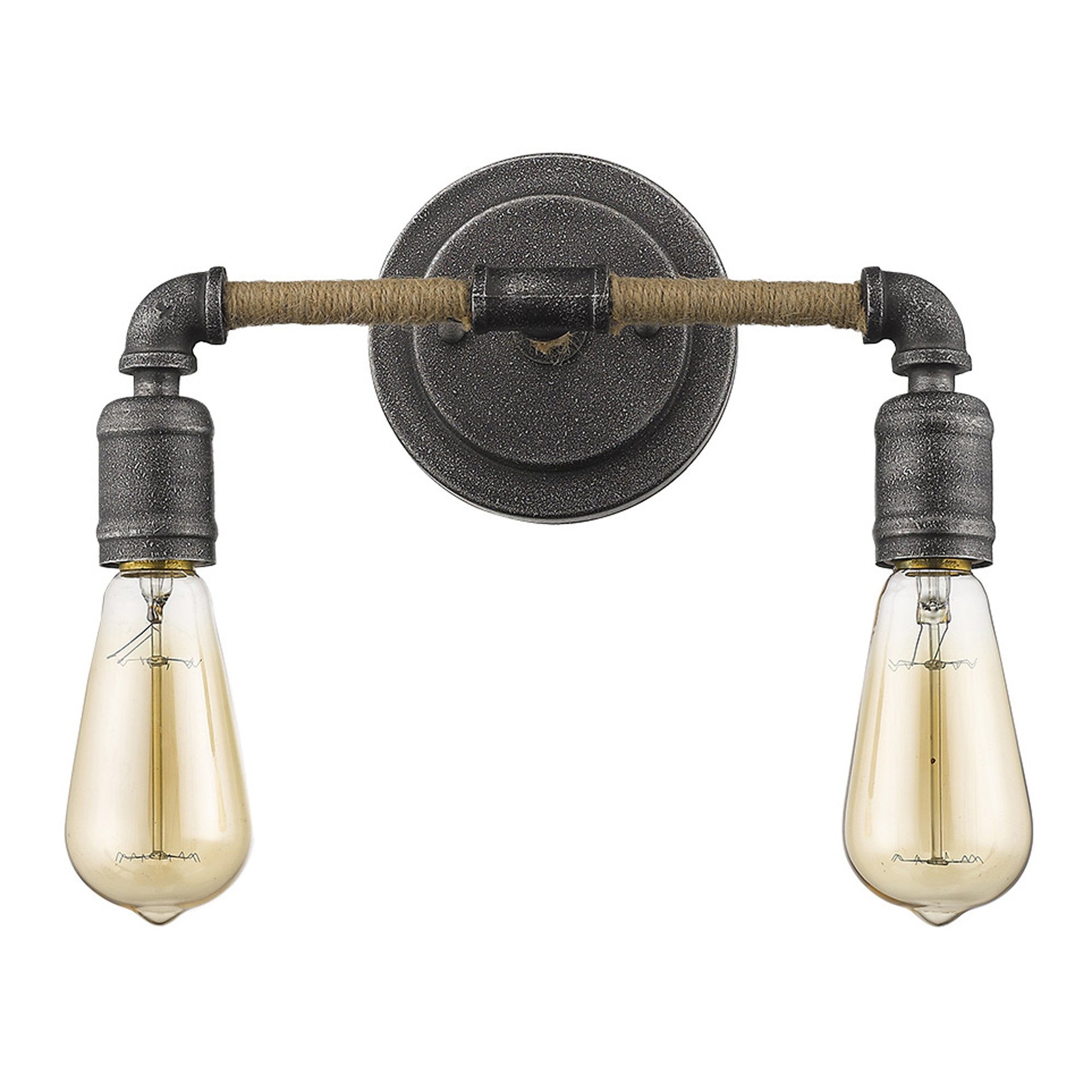 Front view of the Industrial two-light gray wall sconce with rope-wrapped arms and exposed bulbs