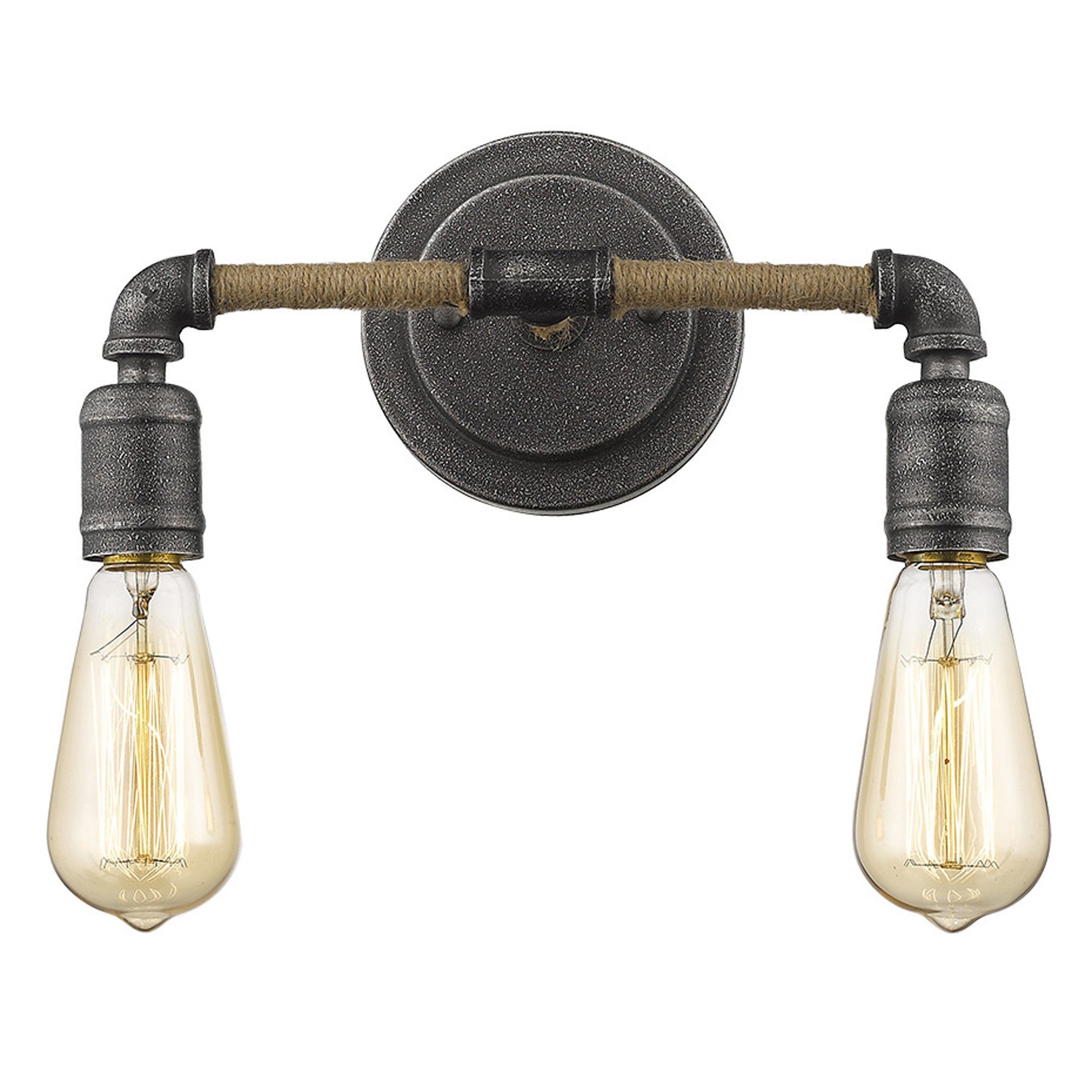 Front view of the lighted Industrial two-light gray wall sconce with rope-wrapped arms and exposed bulbs