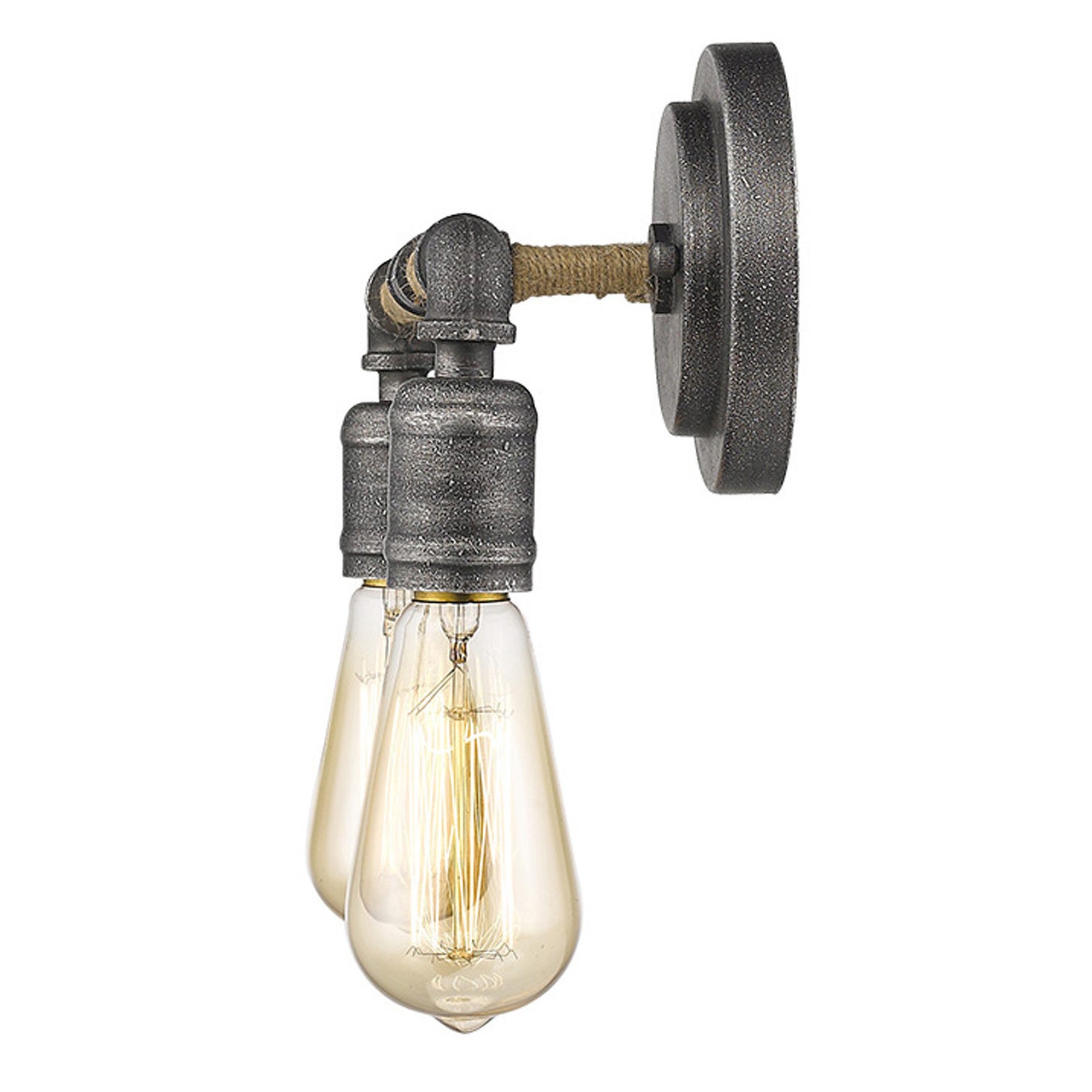Side view of the lighted Industrial two-light gray wall sconce with rope-wrapped arms and exposed bulbs