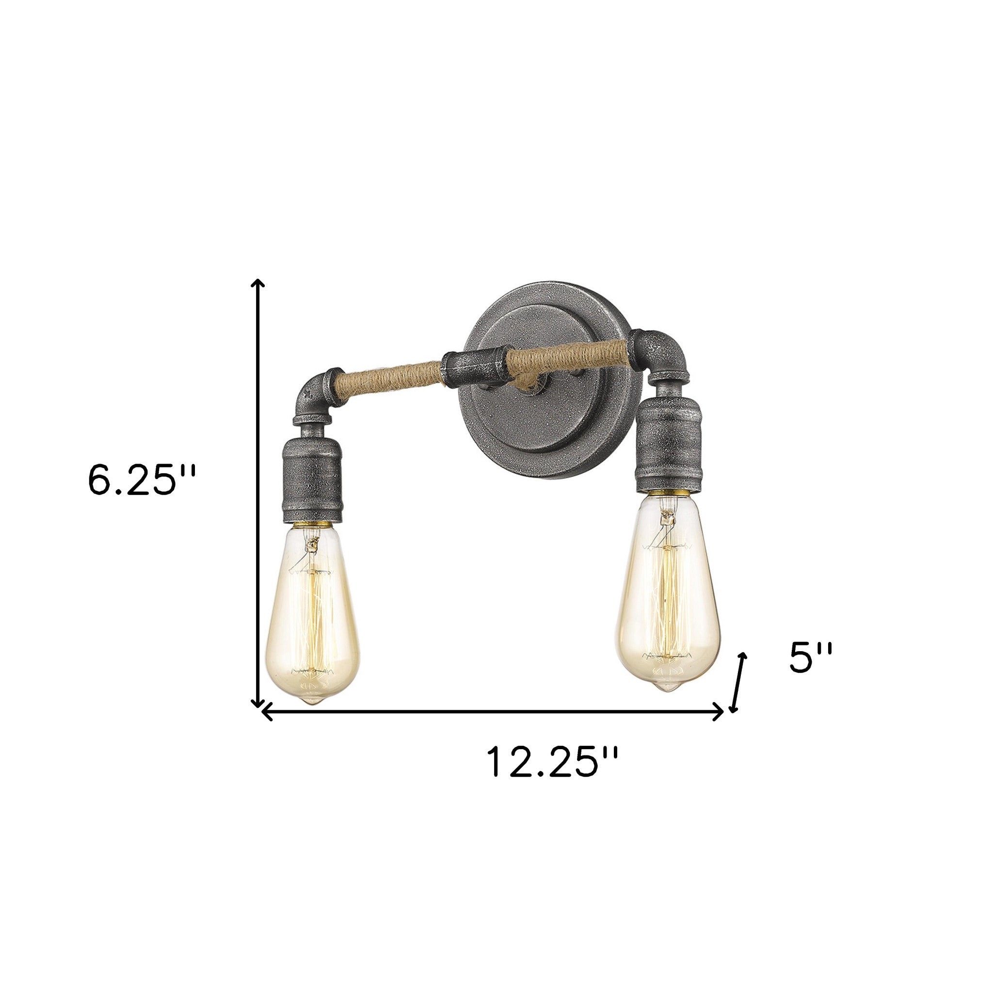 Industrial two-light gray wall sconce with rope-wrapped arms and exposed bulbs shown with dimensions of six point two five inches high by twlelve point two five inches wide by five inches deep