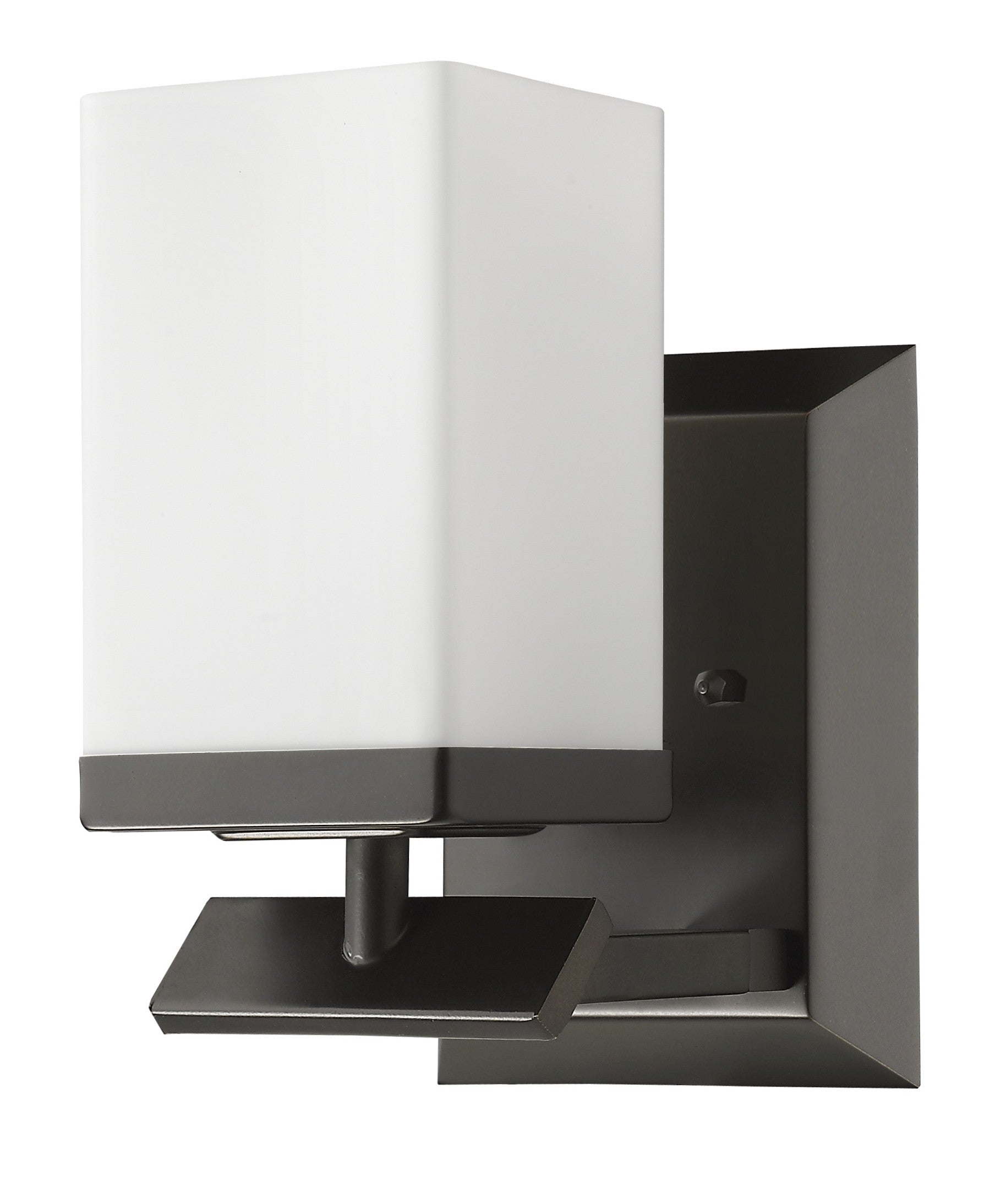 Right side angled view of the One-light bronze wall sconce with cube frosted glass and rectangular backplate