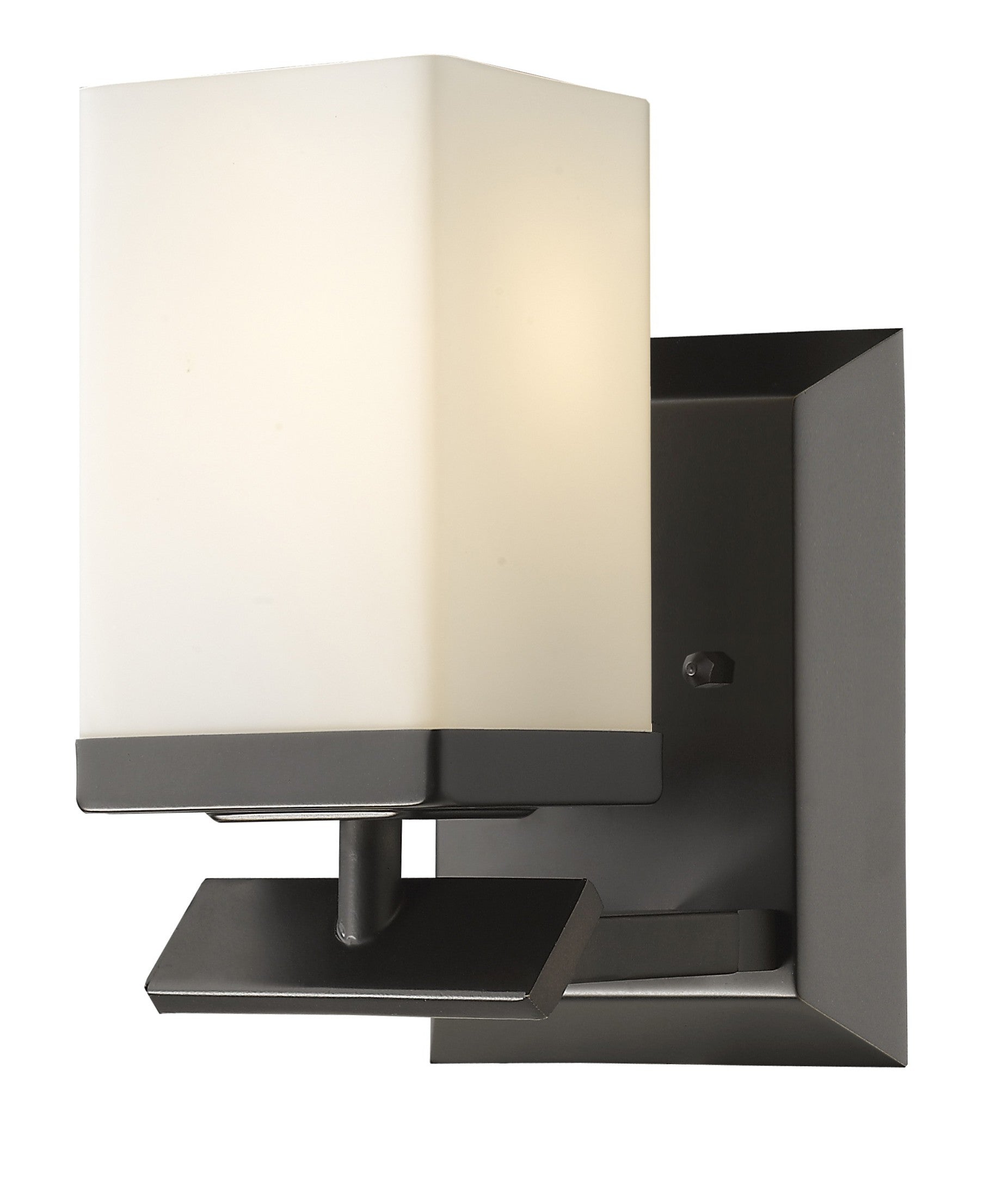 Right side angled view of the lighted One-light bronze wall sconce with cube frosted glass and rectangular backplate