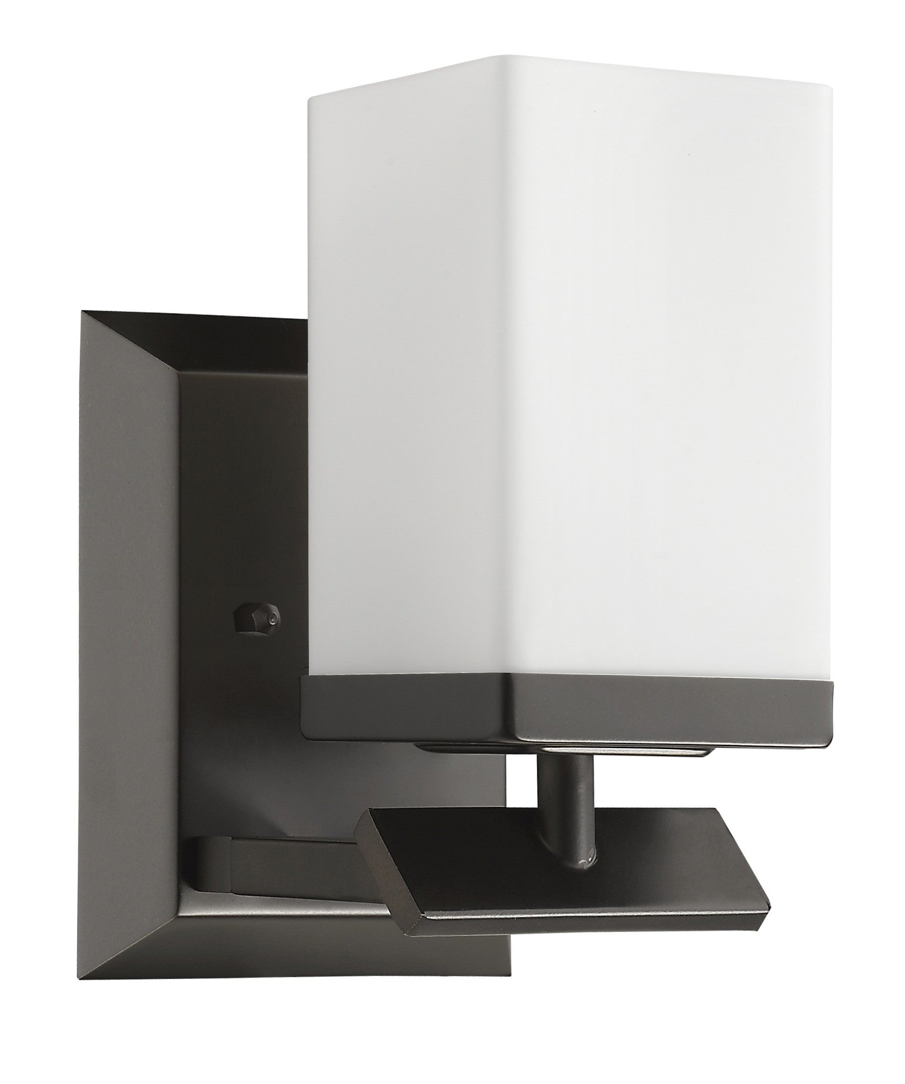 Left side angled view of the One-light bronze wall sconce with cube frosted glass and rectangular backplate