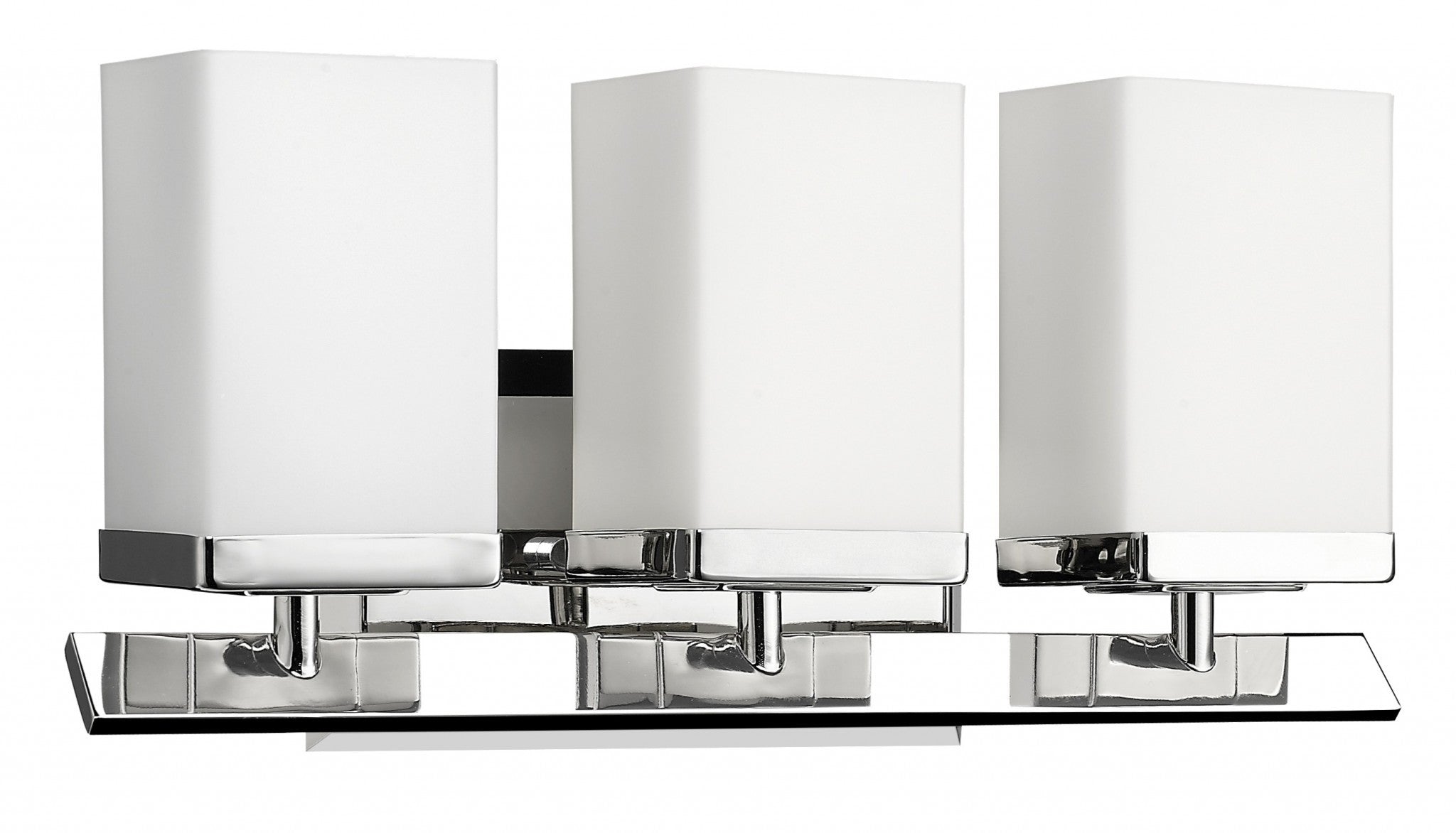 Left side angled view of the Three-light silver wall sconce with frosted glass shades and modern beveled metal base