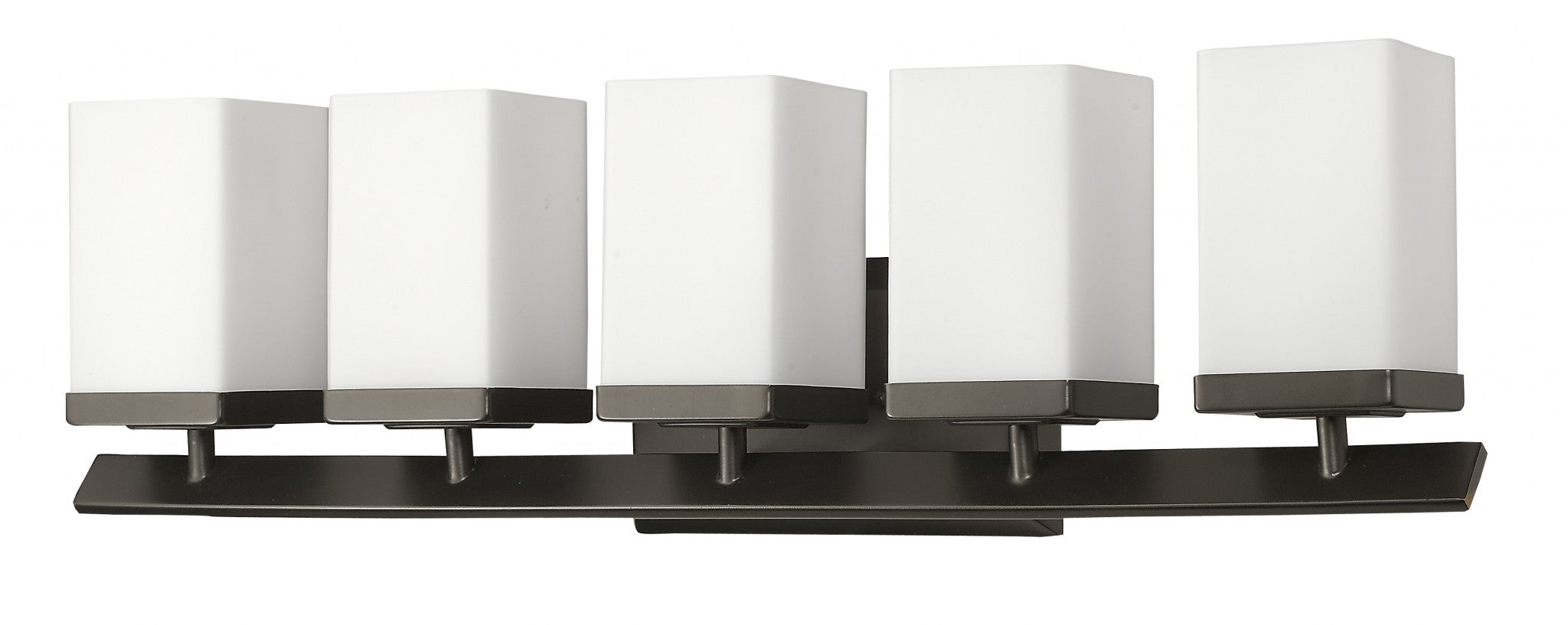 Right side angled view of the Burgundy 5-light oil-rubbed bronze bathroom vanity light with square etched glass shades and angled bar