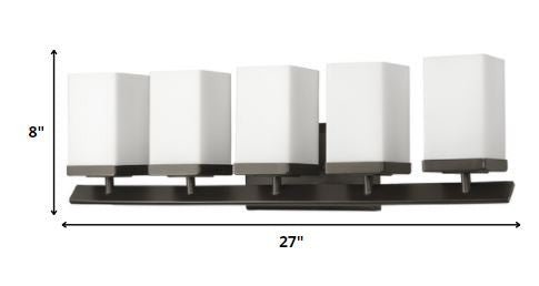 Burgundy 5-light oil-rubbed bronze bathroom vanity light with square etched glass shades and angled bar shown with dimensions of eight inches high by twenty seven inches wide