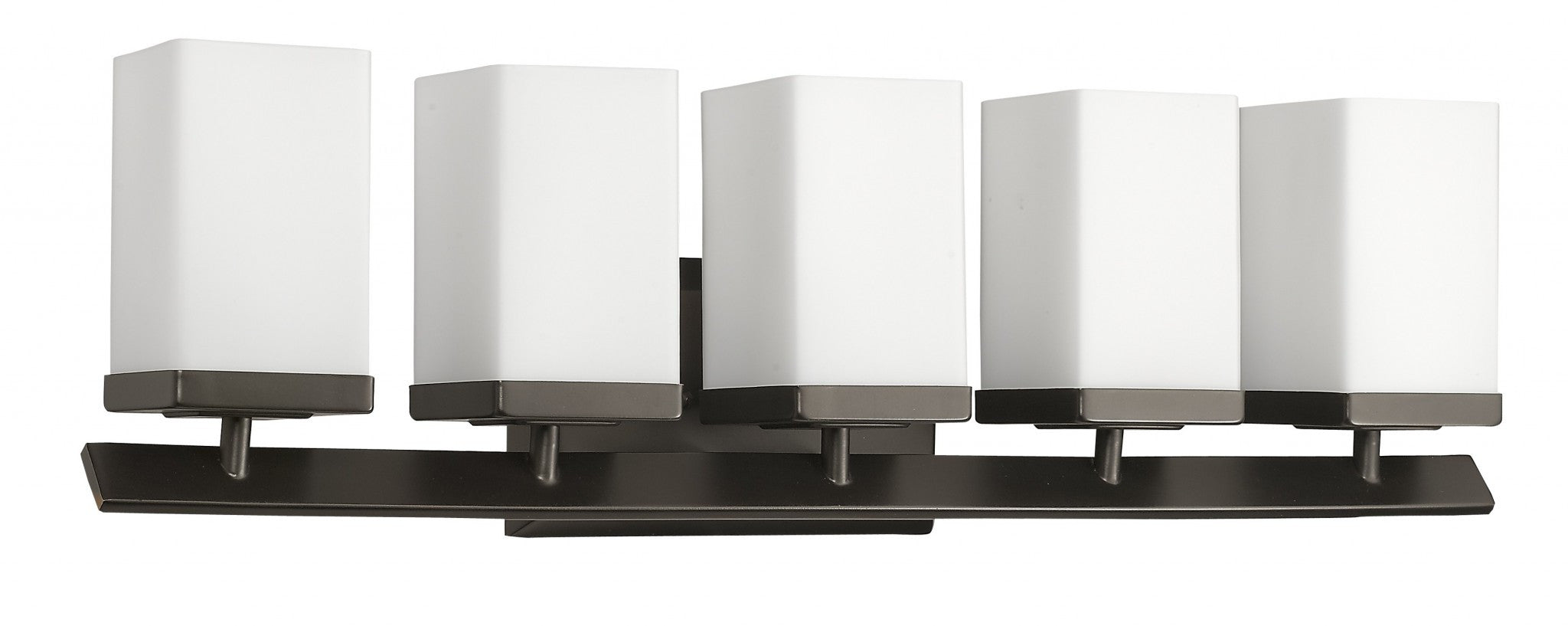 Left side angled view of the Burgundy 5-light oil-rubbed bronze bathroom vanity light with square etched glass shades and angled bar