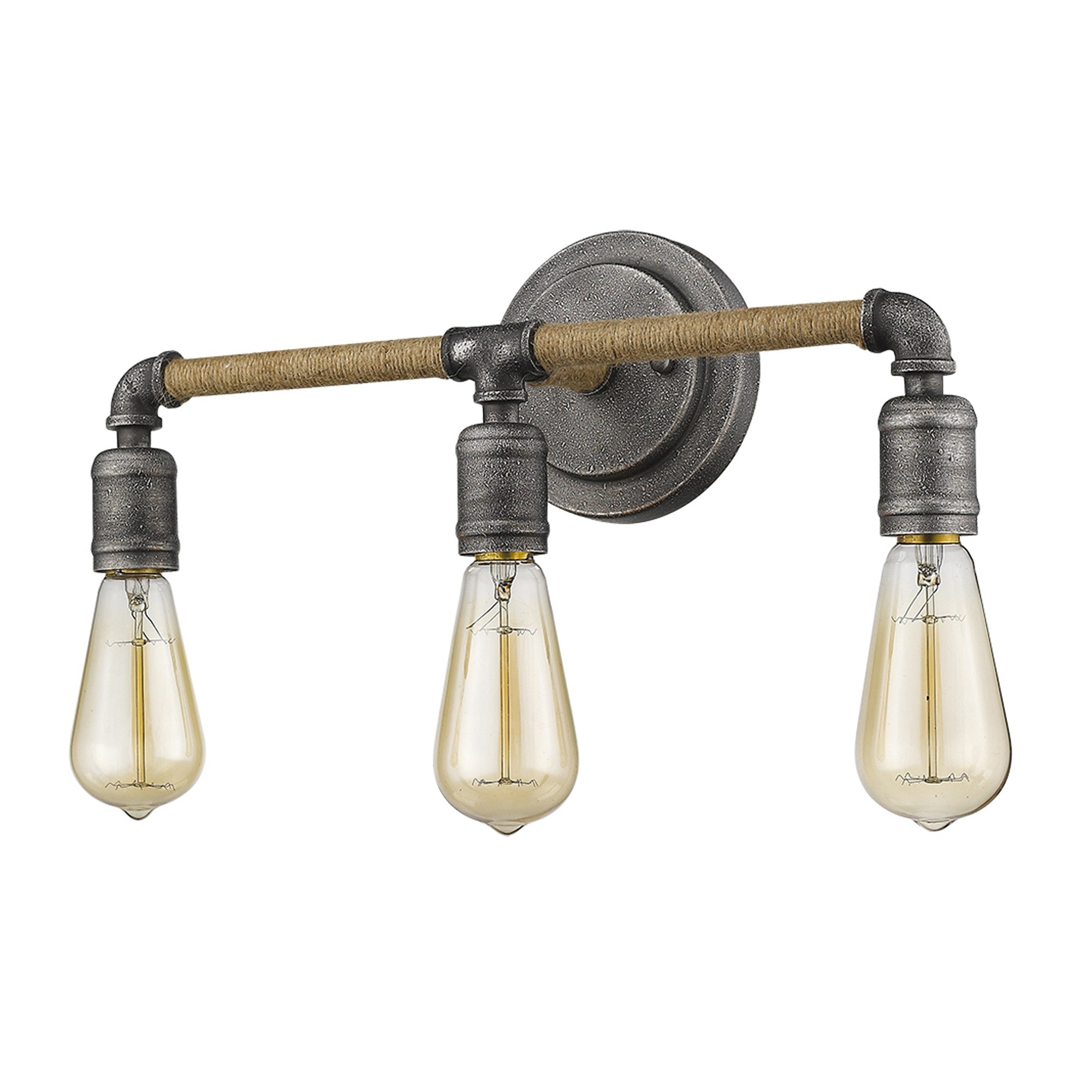Side angled view of the Grayson 3-bulb antique gray industrial vanity light with jute-wrapped horizontal bar and vintage exposed bulbs