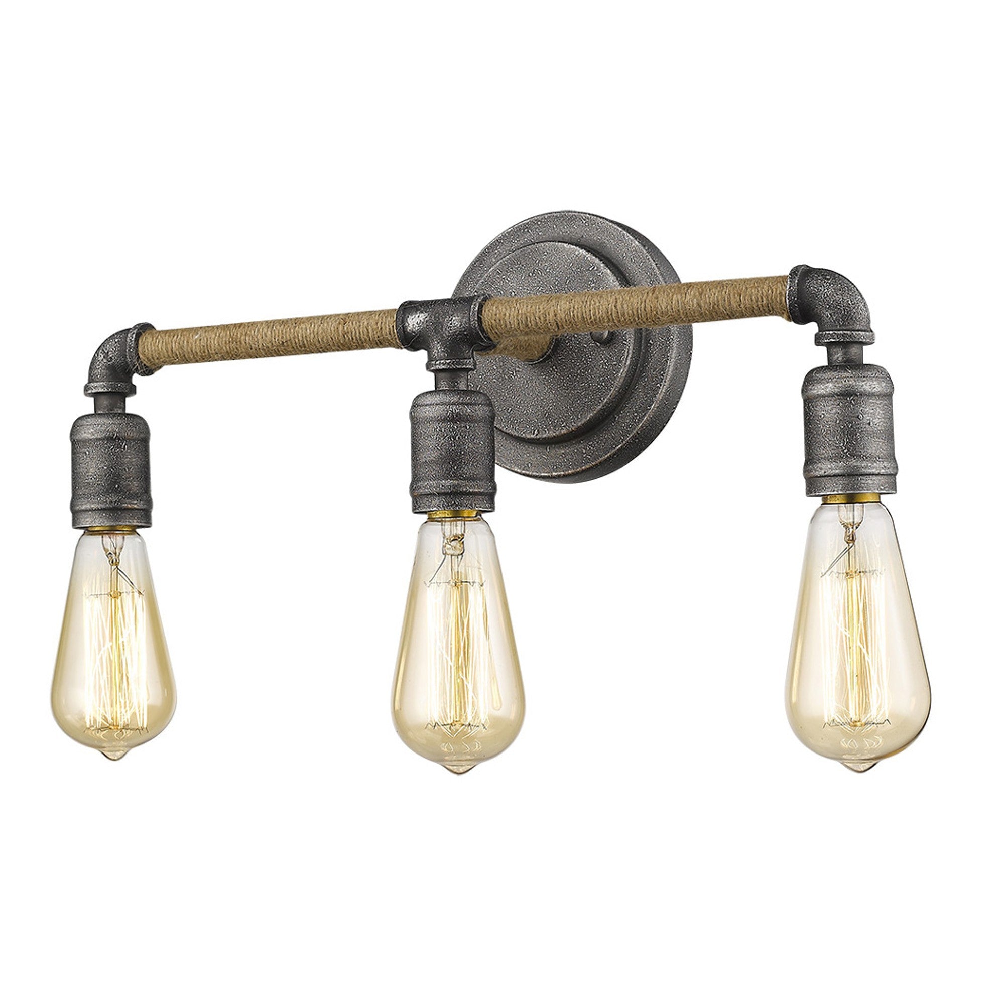 Side angled view of the lighted Grayson 3-bulb antique gray industrial vanity light with jute-wrapped horizontal bar and vintage exposed bulbs